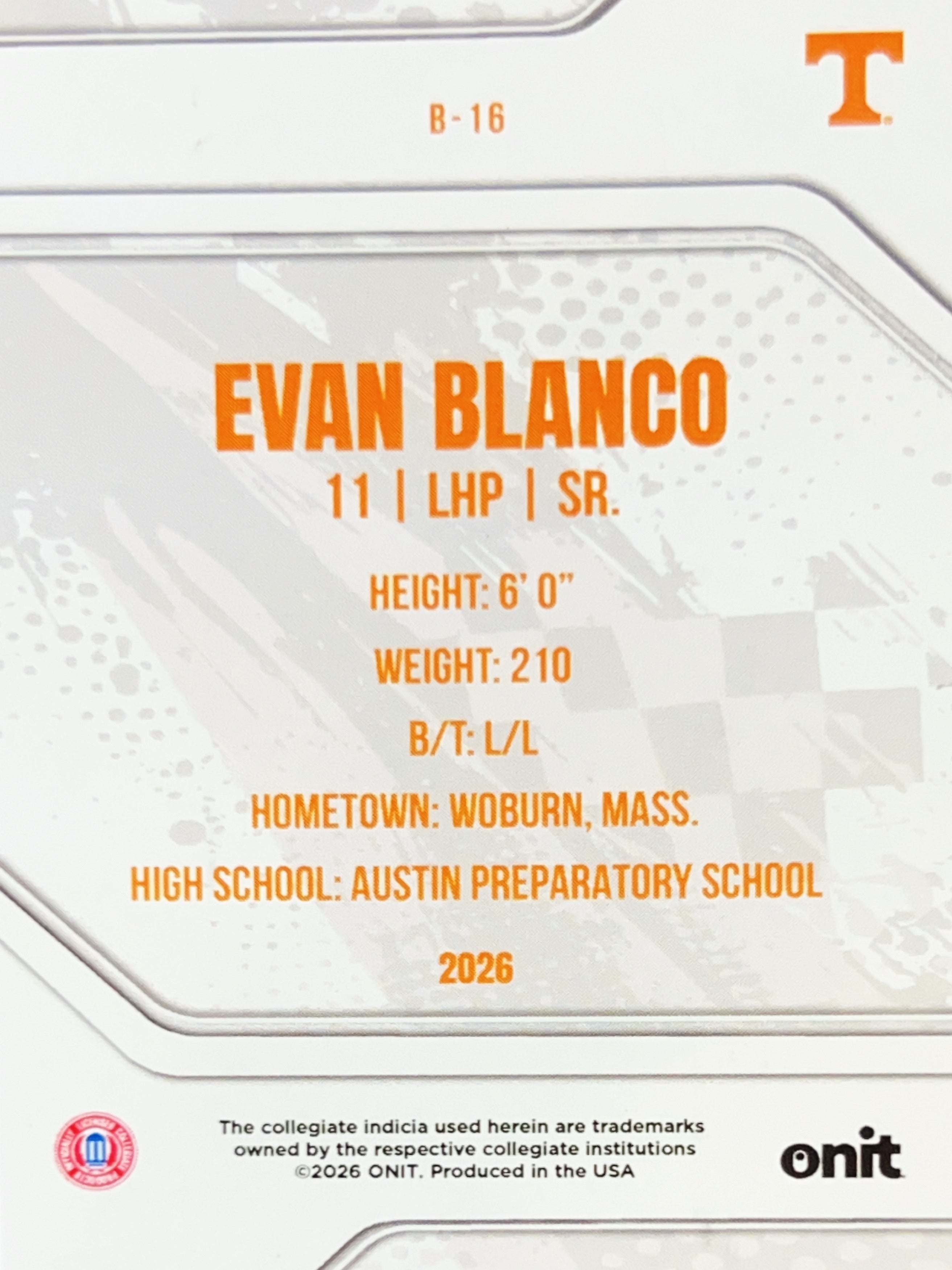 2026 ONIT Tennessee Baseball Evan Blanco #B-16 Silver Sparkle /49