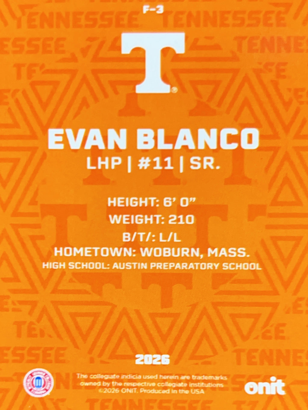 2026 ONIT Tennessee Baseball Evan Blanco #F-3