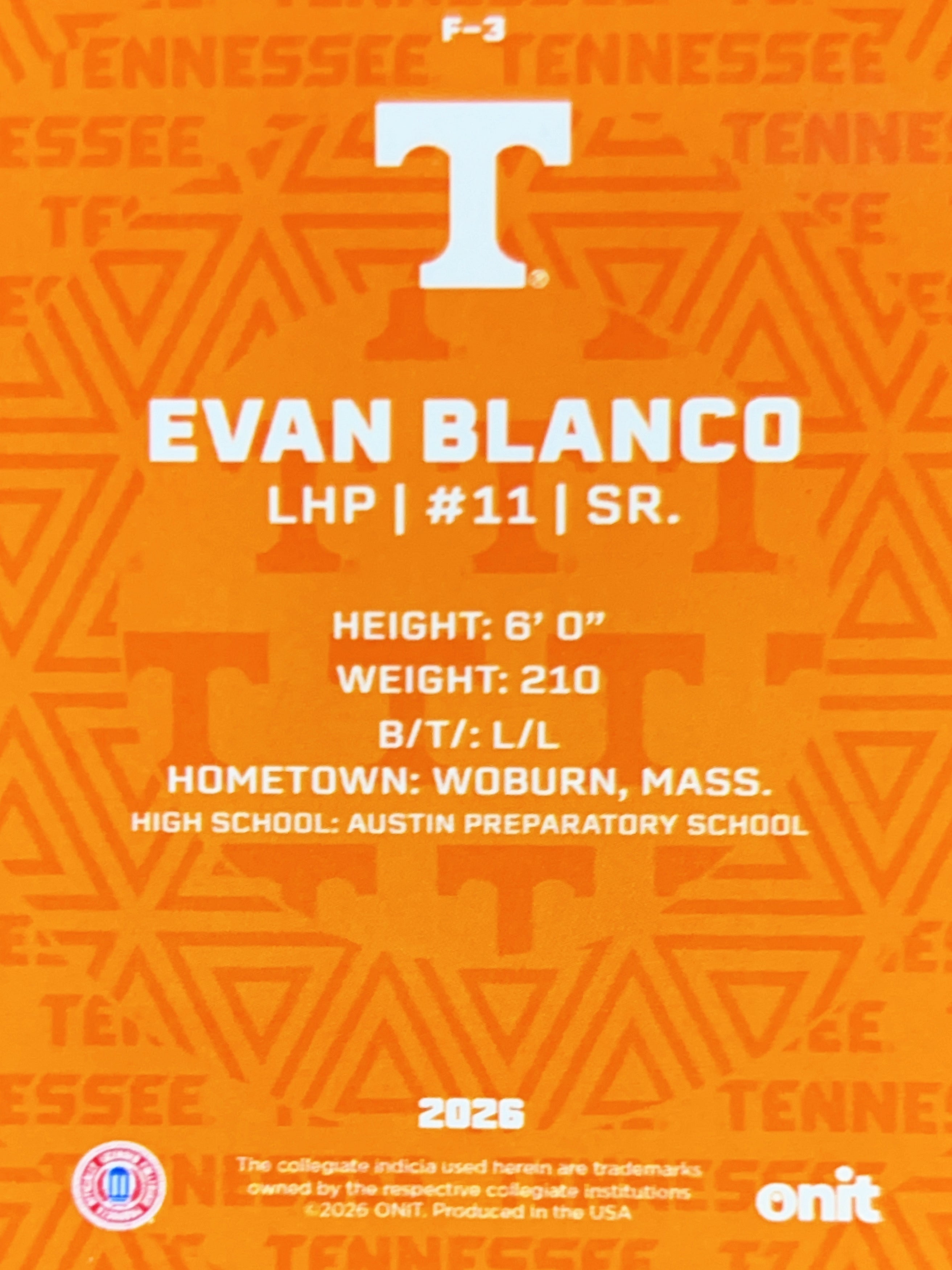 2026 ONIT Tennessee Baseball Evan Blanco #F-3