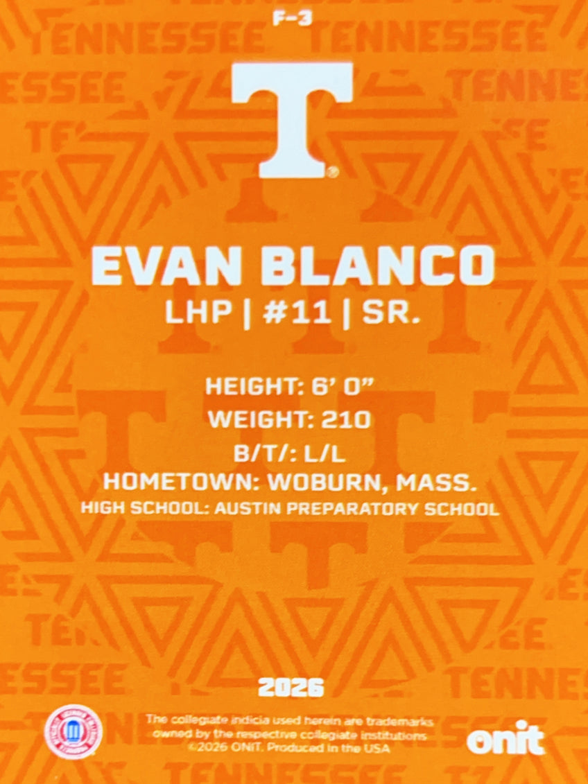2026 ONIT Tennessee Baseball Evan Blanco #F-3