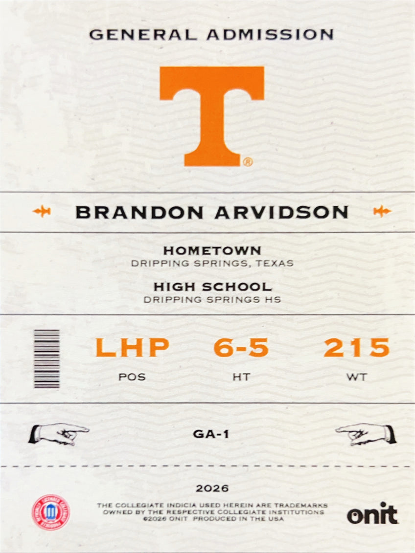 2026 ONIT Tennessee Baseball Brandon Arvidson #GA-1 Holographic