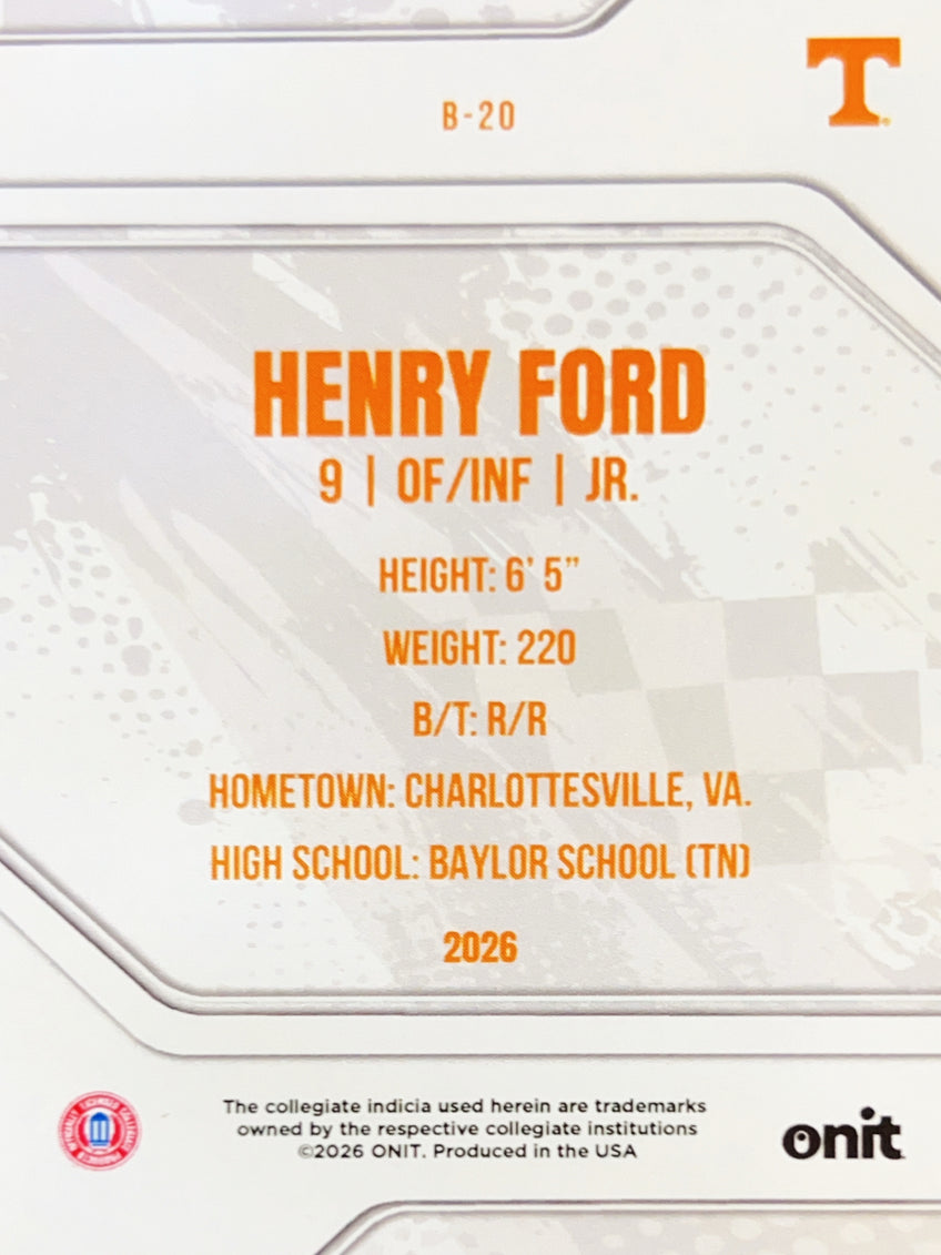 2026 ONIT Tennessee Baseball Henry Ford #B-20 Orange Shimmer