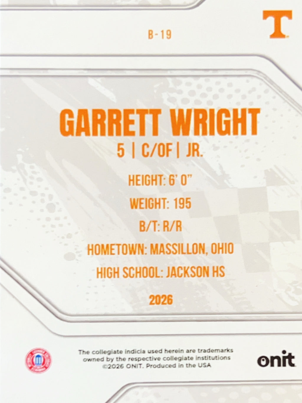 2026 ONIT Tennessee Baseball Garrett Wright #B-19 Orange Prism /49