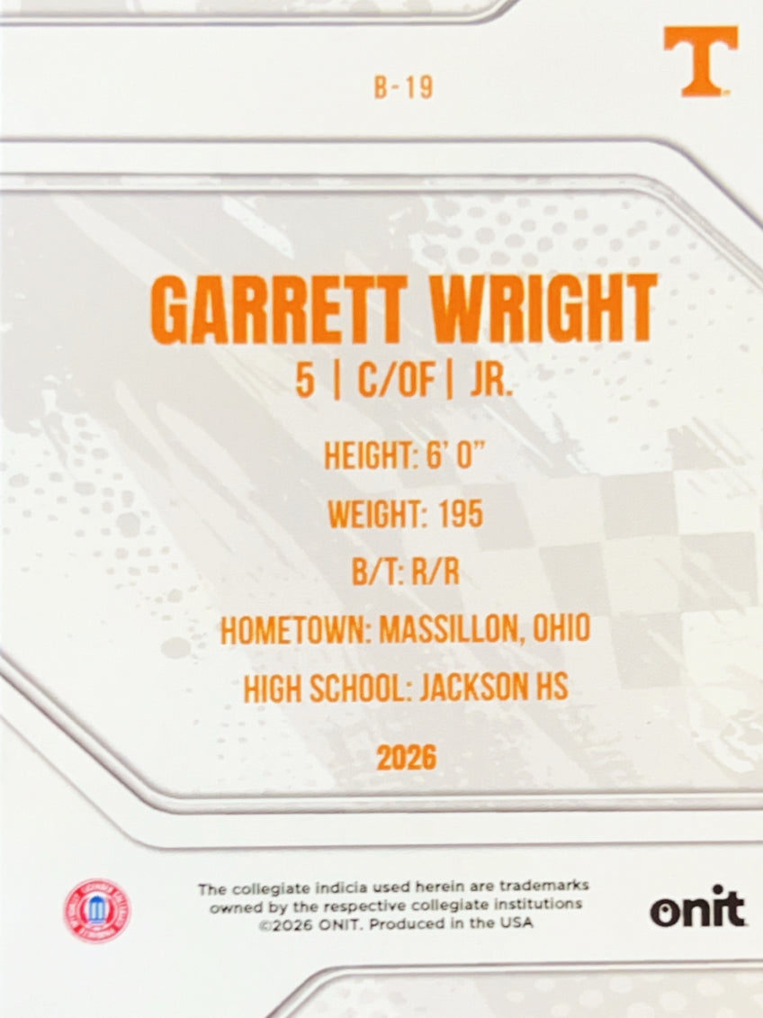 2026 ONIT Tennessee Baseball Garrett Wright #B-19 Orange Prism /49