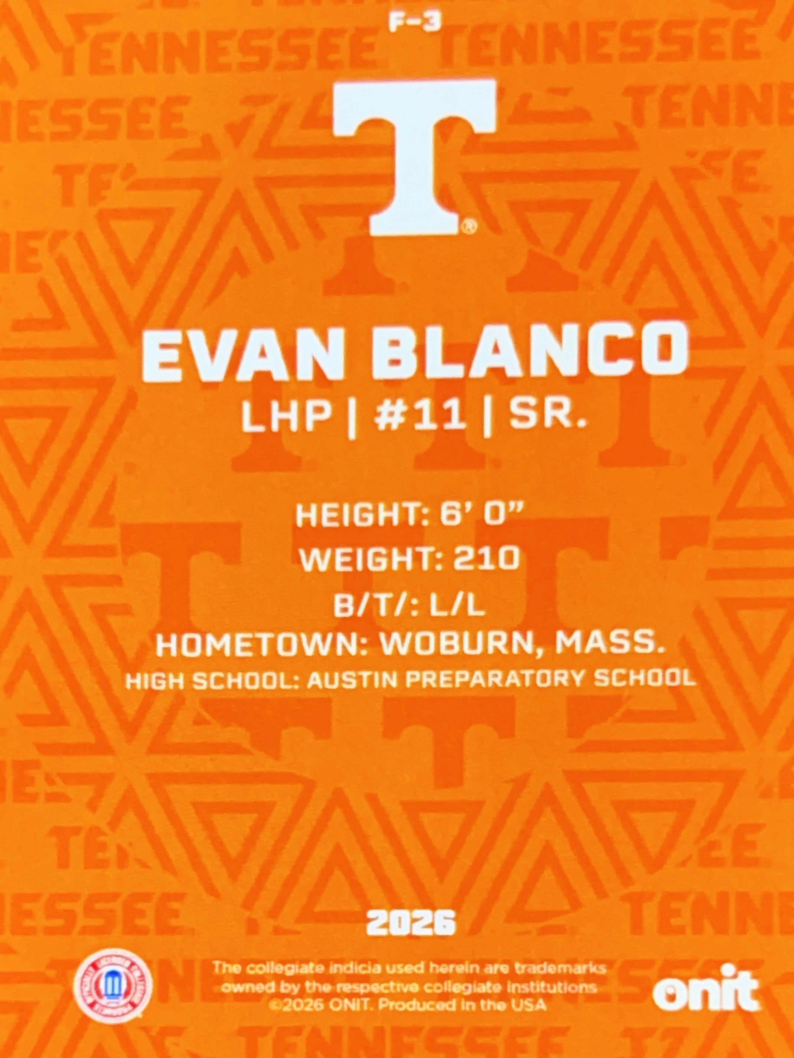 2026 ONIT Tennessee Baseball Evan Blanco #F-3