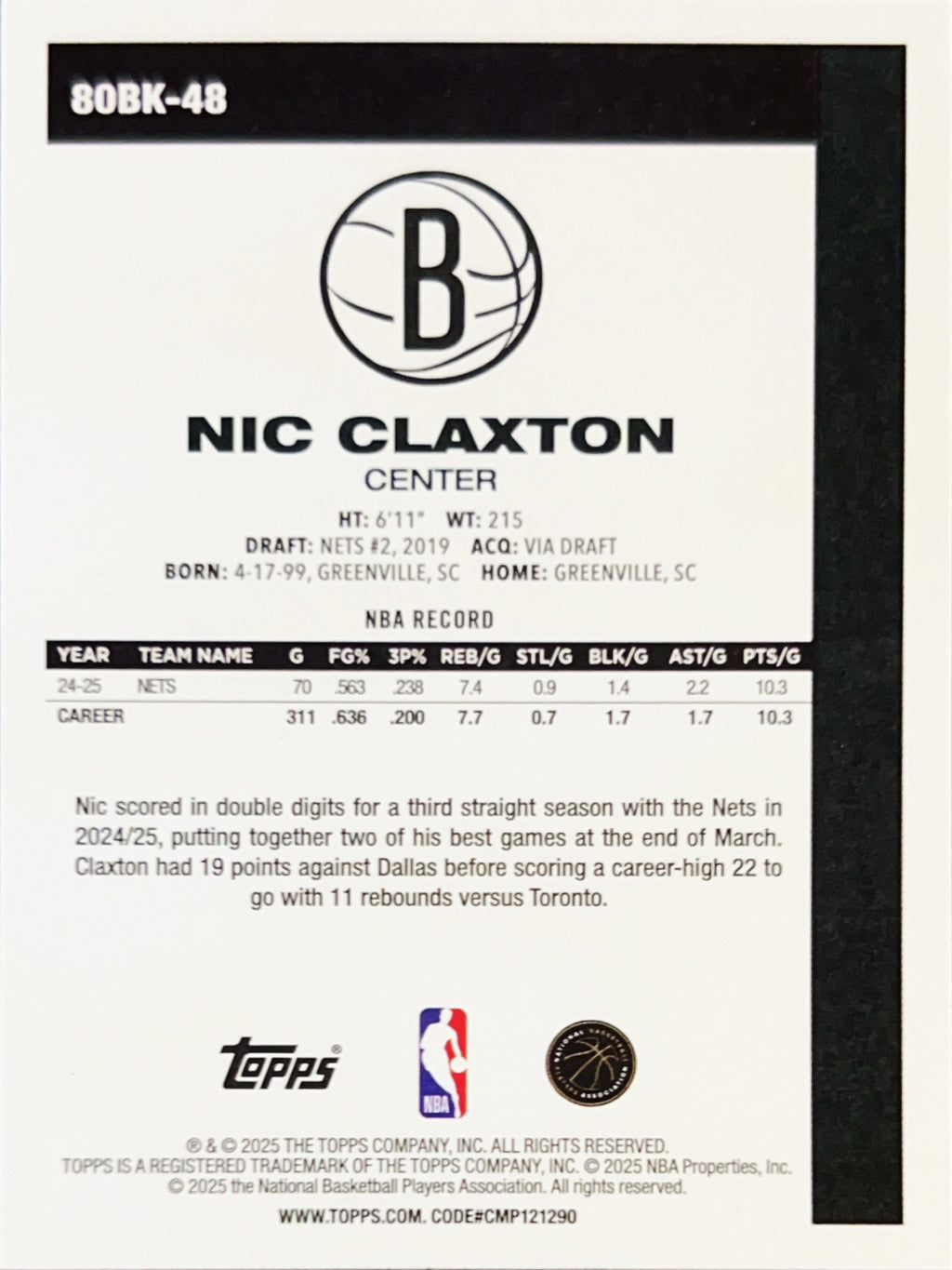 2025 Topps 1980 Topps Basketball 45th Anniversary Nic Claxton #80BK-48