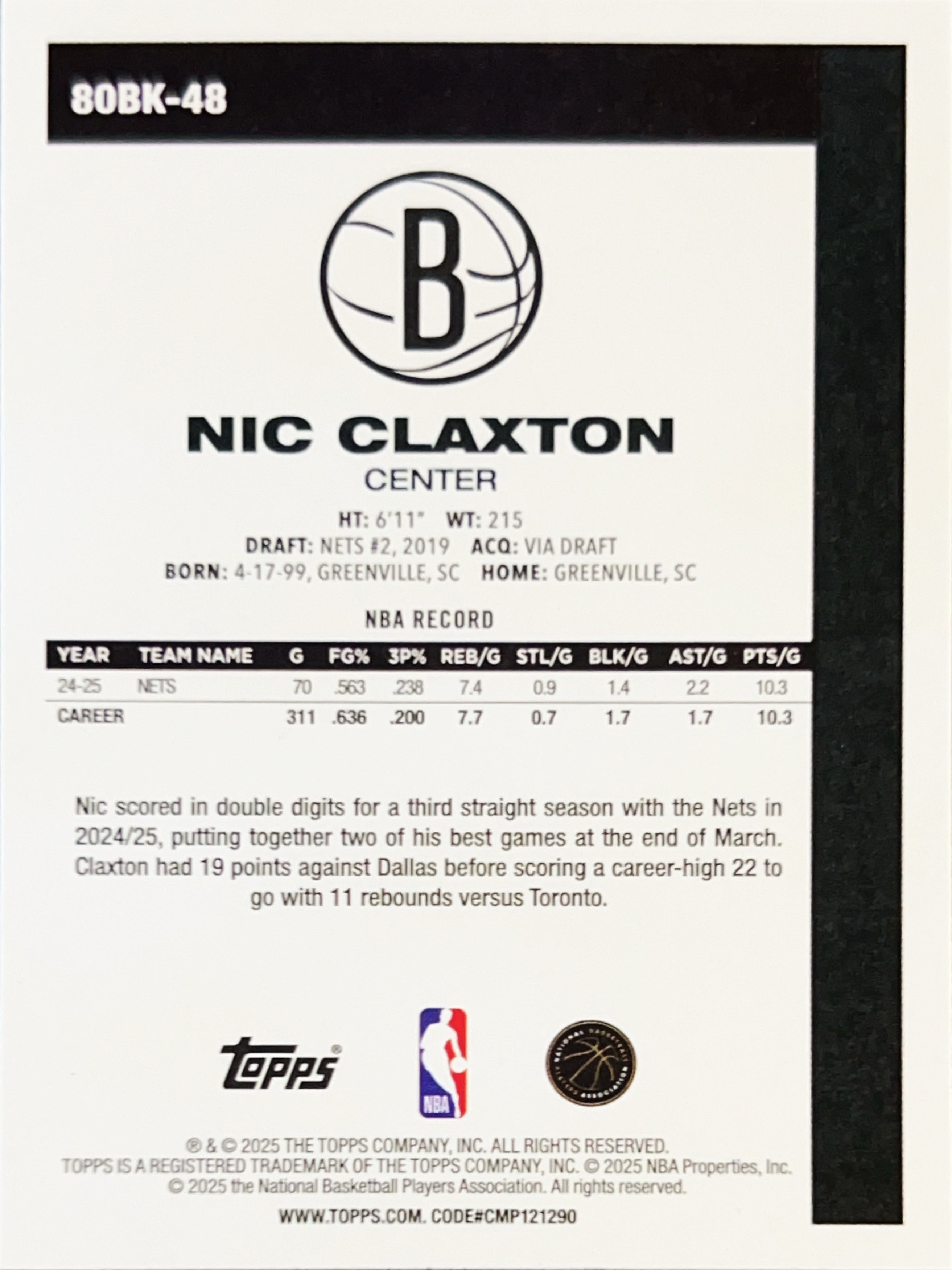 2025 Topps 1980 Topps Basketball 45th Anniversary Nic Claxton #80BK-48