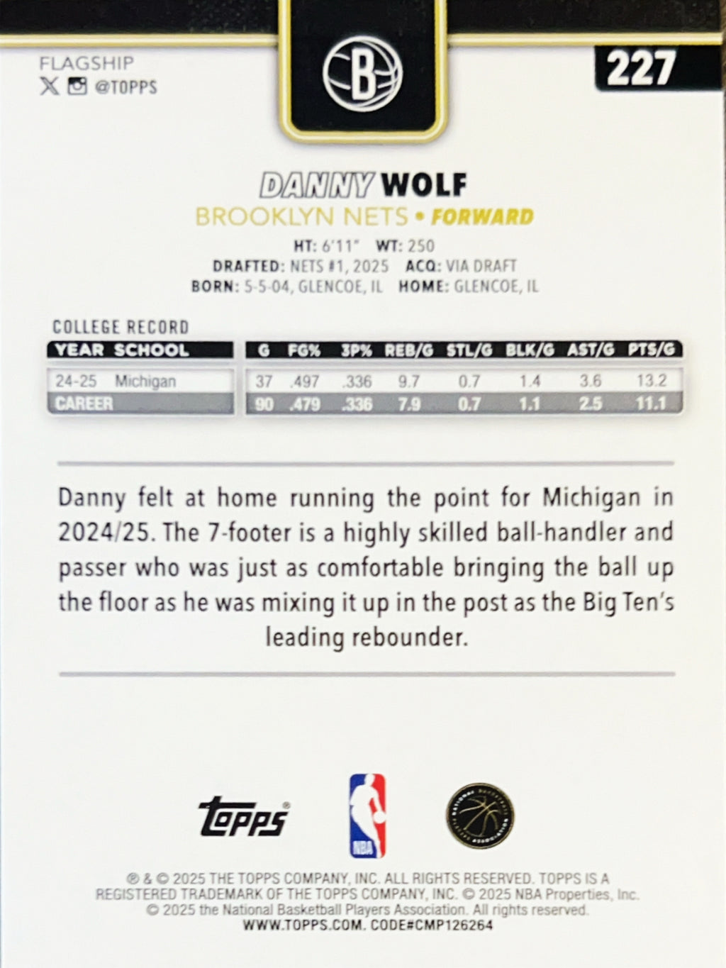2025 Topps Danny Wolf #227 Blackout RC