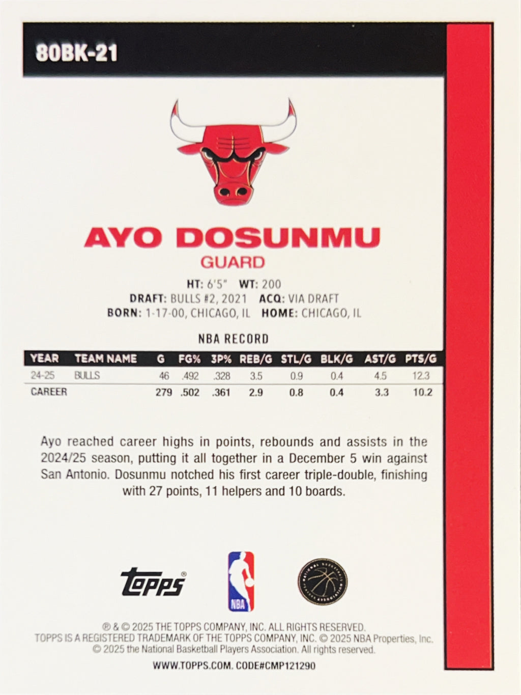 2025 Topps Chrome Basketball Ayo Dosunmu #80BK-21 Silver Refractor