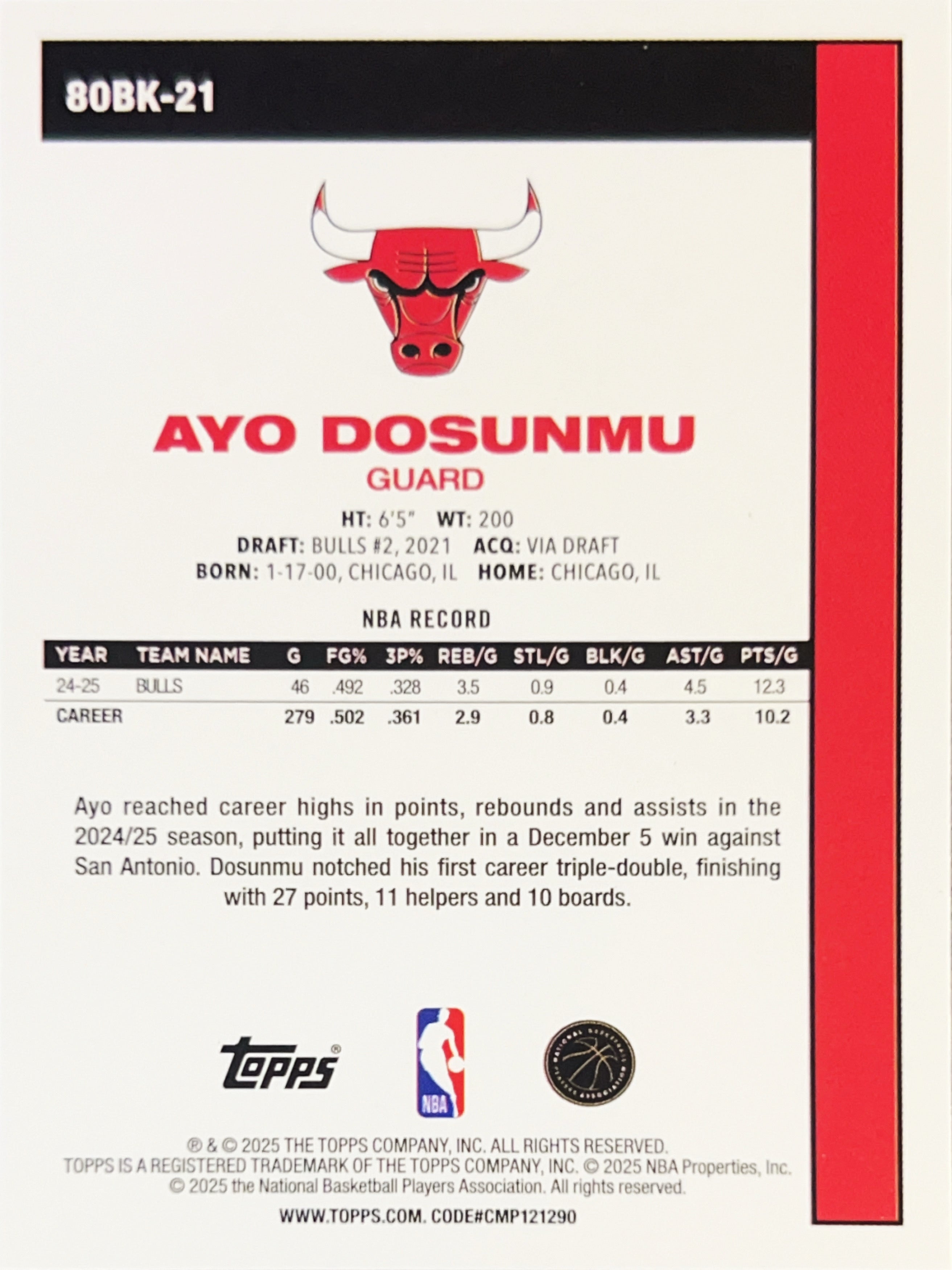 2025 Topps Chrome Basketball Ayo Dosunmu #80BK-21 Silver Refractor