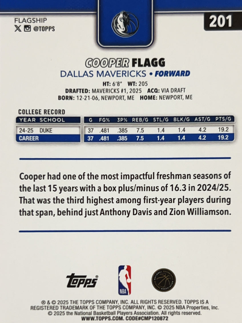 2025 Topps Flagship Cooper Flagg #201 RC