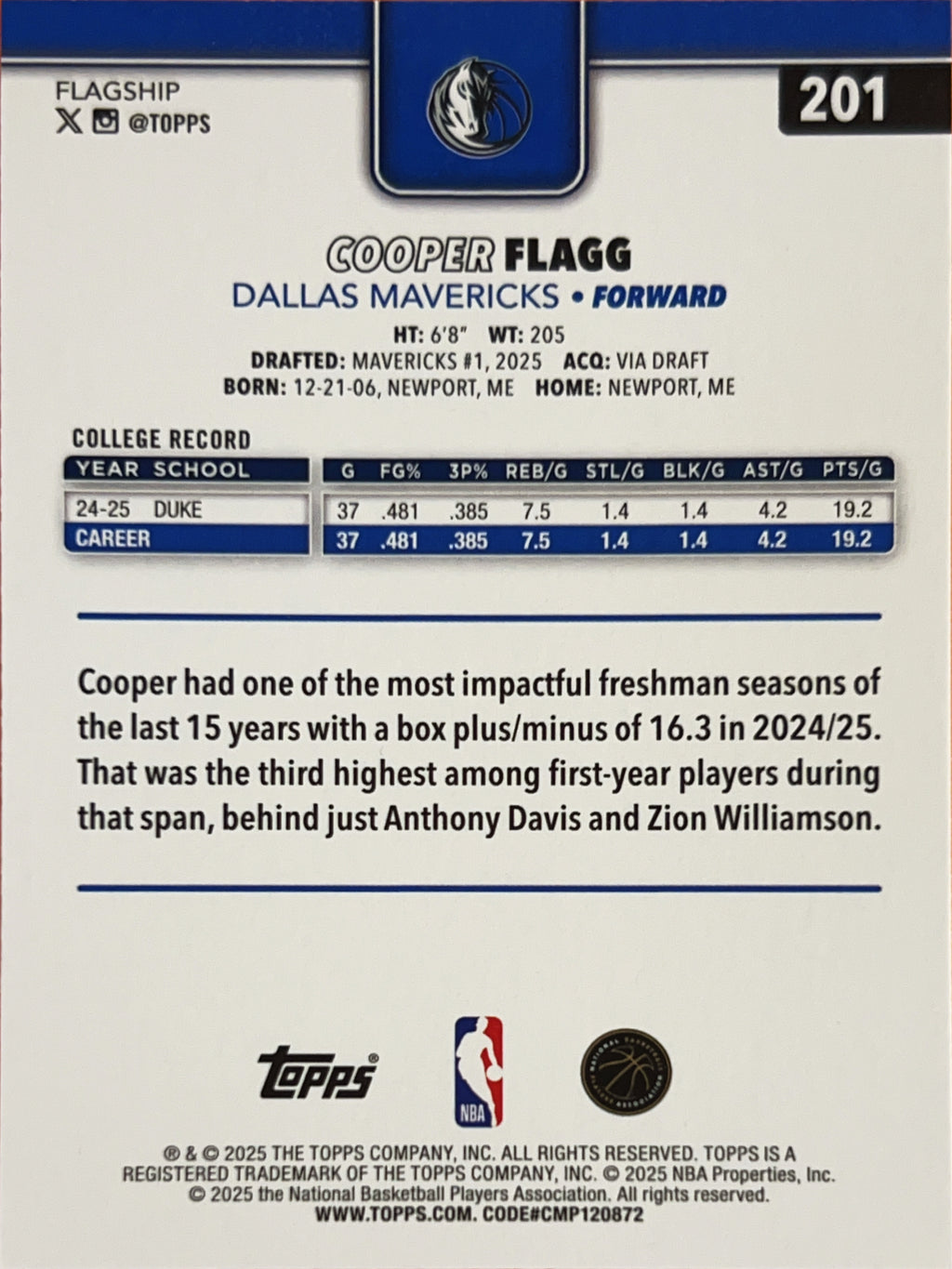 2025 Topps Flagship Cooper Flagg #201 RC