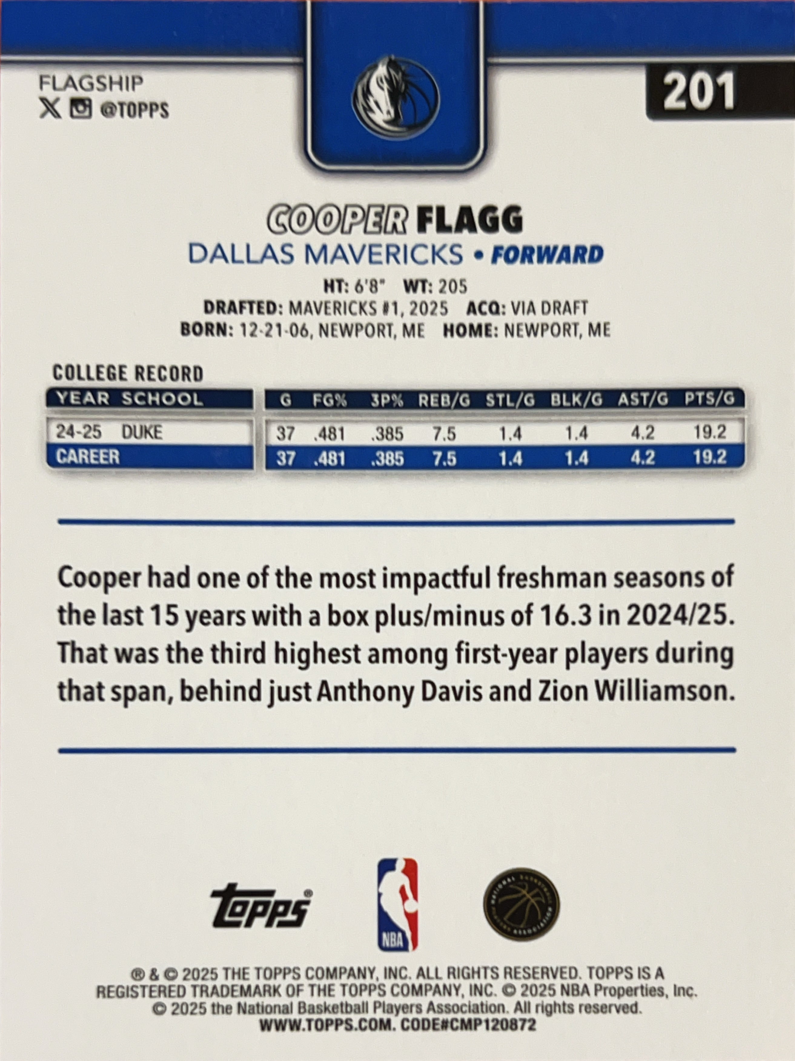 2025 Topps Cooper Flagg #201 RC