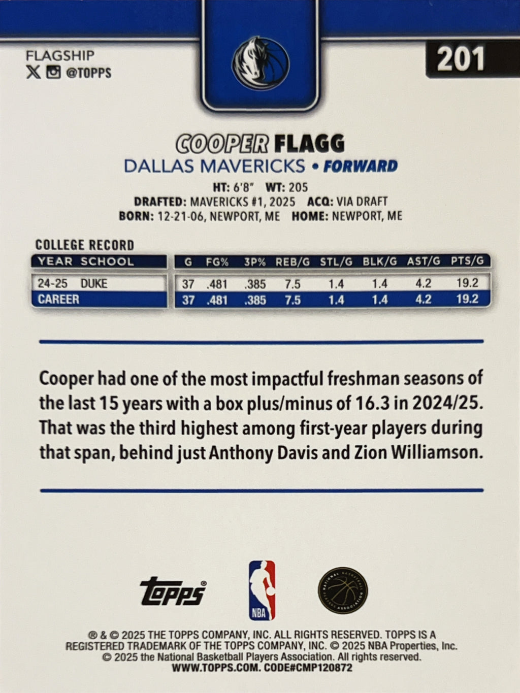 2025 Topps Flagship Cooper Flagg #201 RC