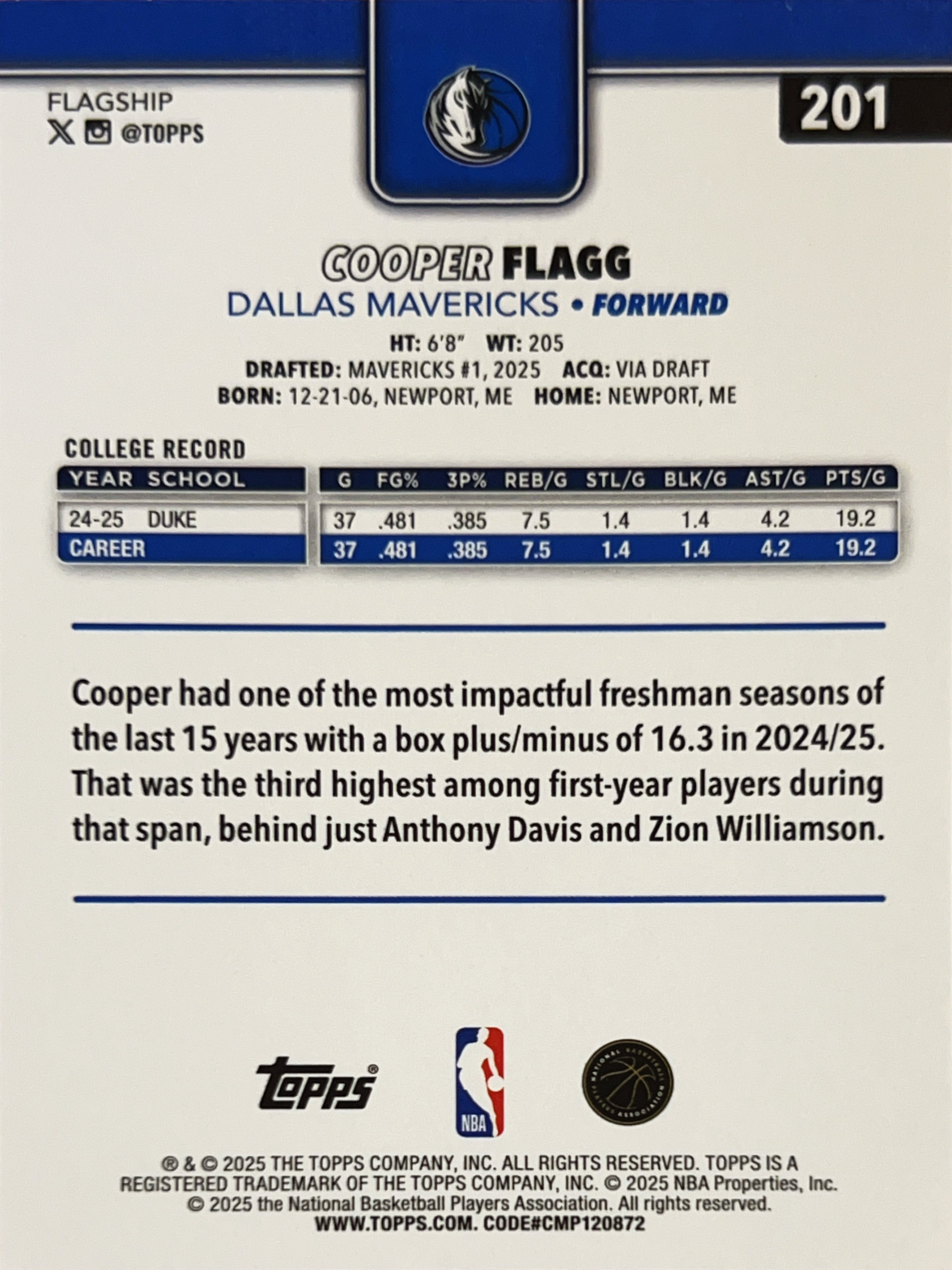 2025 Topps Flagship Cooper Flagg #201 RC