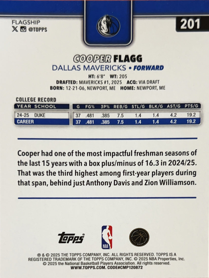 2025 Topps Flagship Cooper Flagg #201 RC