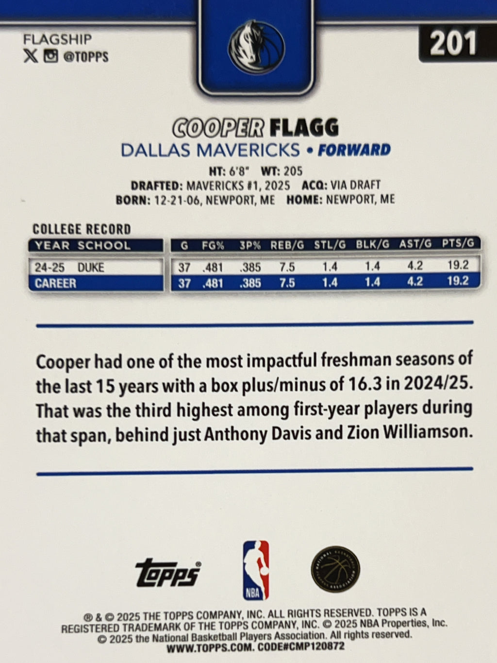2025 Topps Flagship Cooper Flagg #201 RC