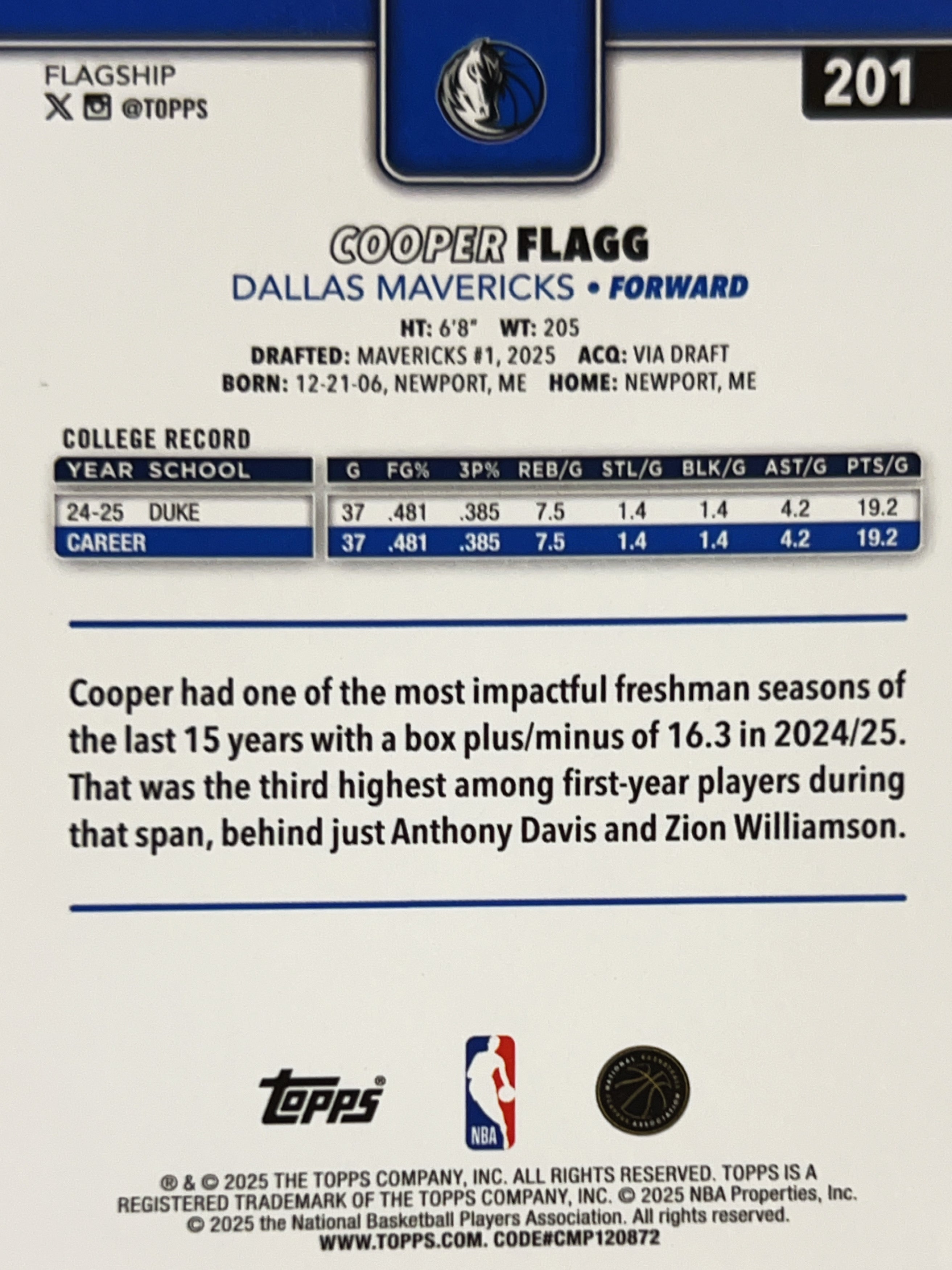 2025 Topps Flagship Cooper Flagg #201 RC