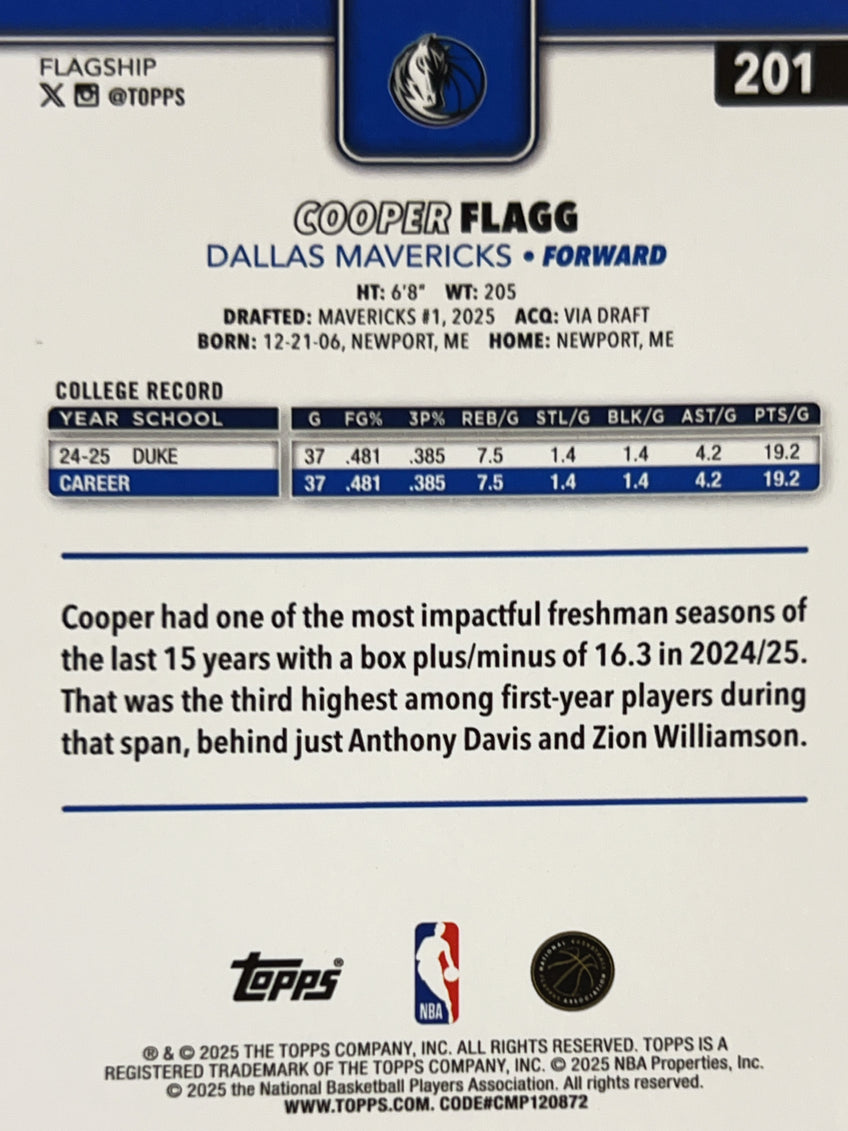 2025 Topps Flagship Cooper Flagg #201 RC