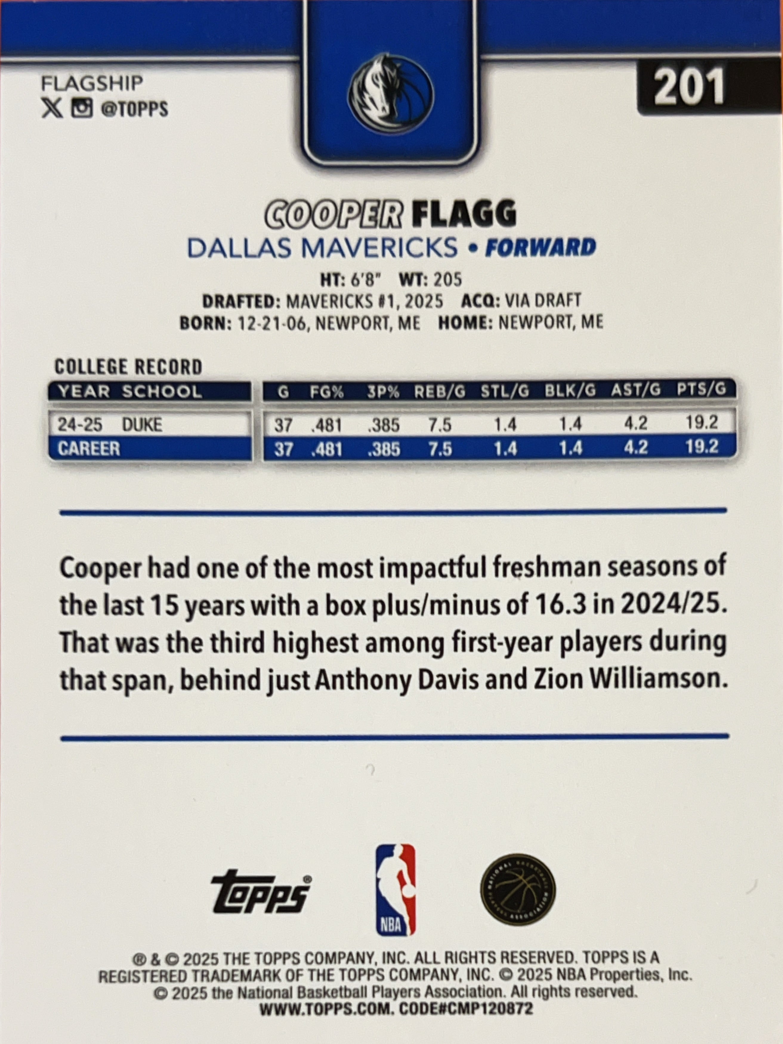 2025 Topps Flagship Cooper Flagg #201 RC