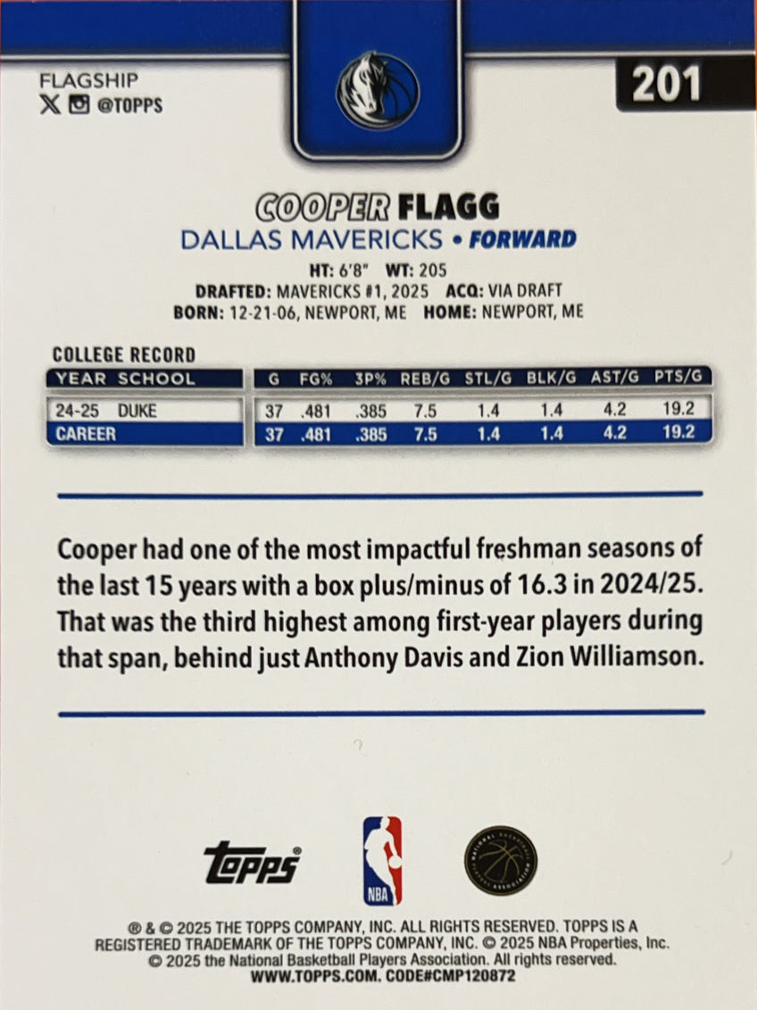 2025 Topps Flagship Cooper Flagg #201 RC