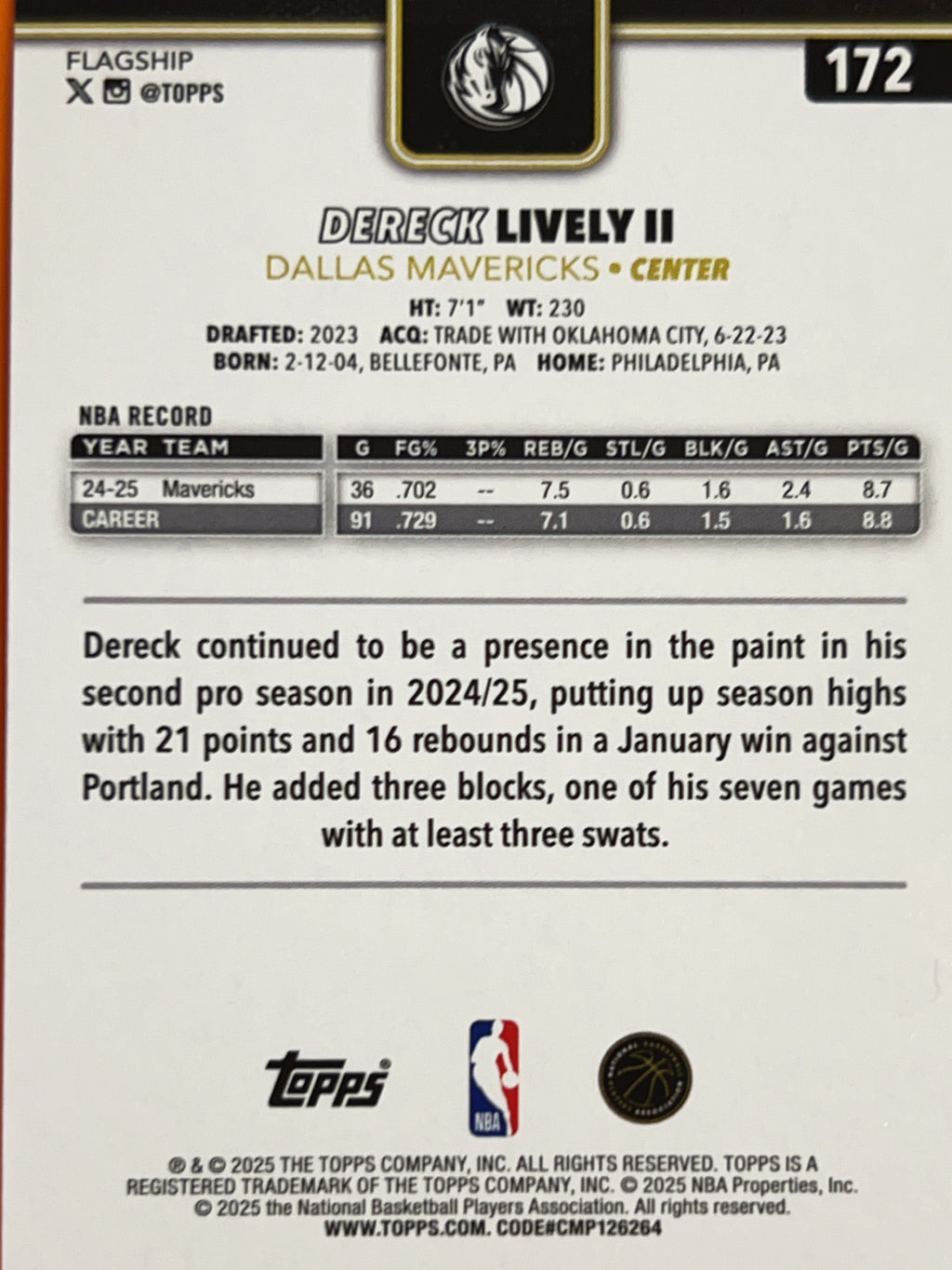 2025 Topps Flagship Dereck Lively II #172 Blackout