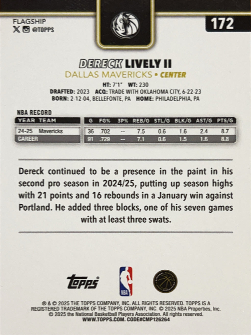 2025 Topps Chrome Basketball Dereck Lively II #172 Blackout