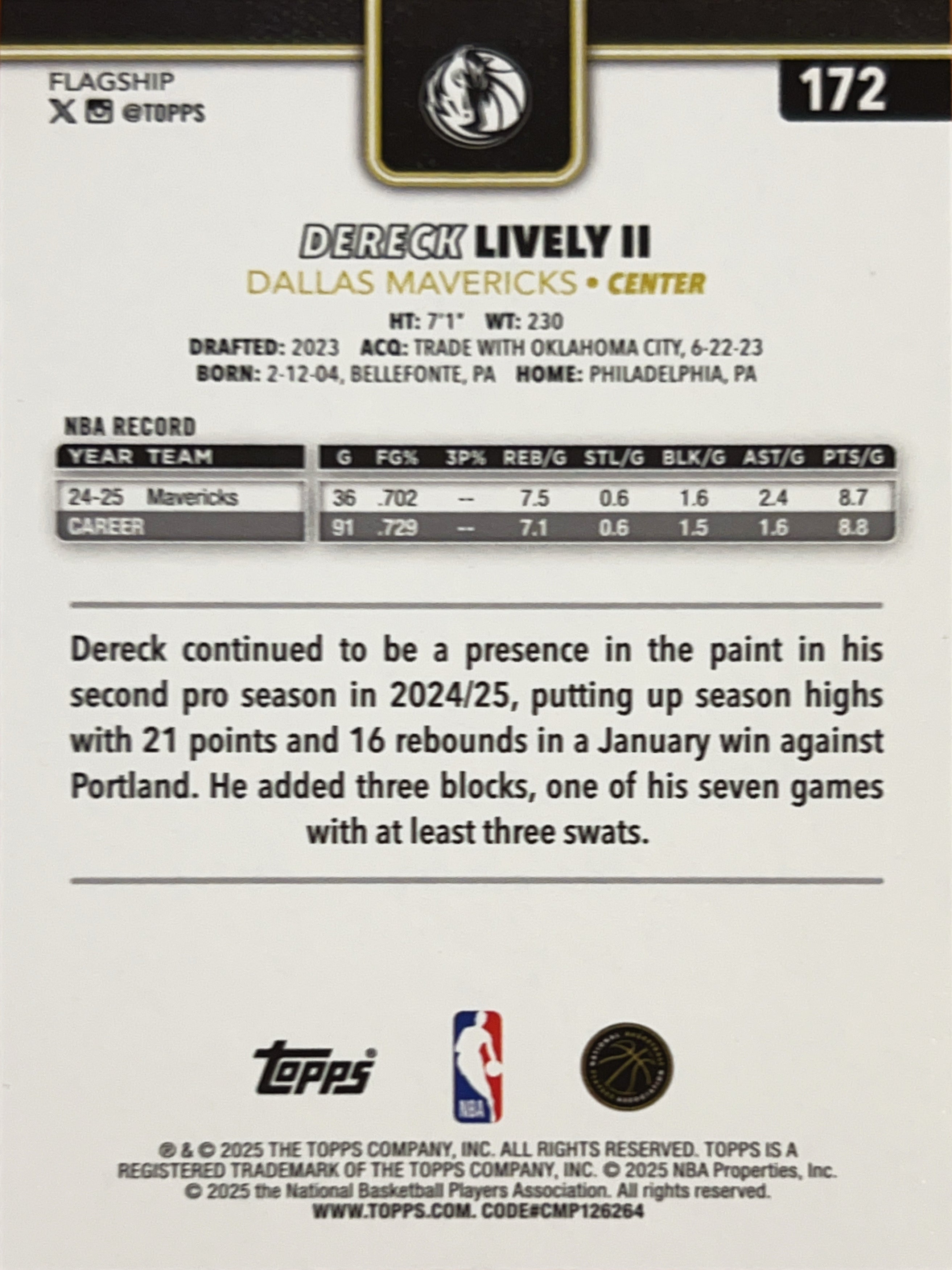 2025 Topps Chrome Basketball Dereck Lively II #172 Blackout