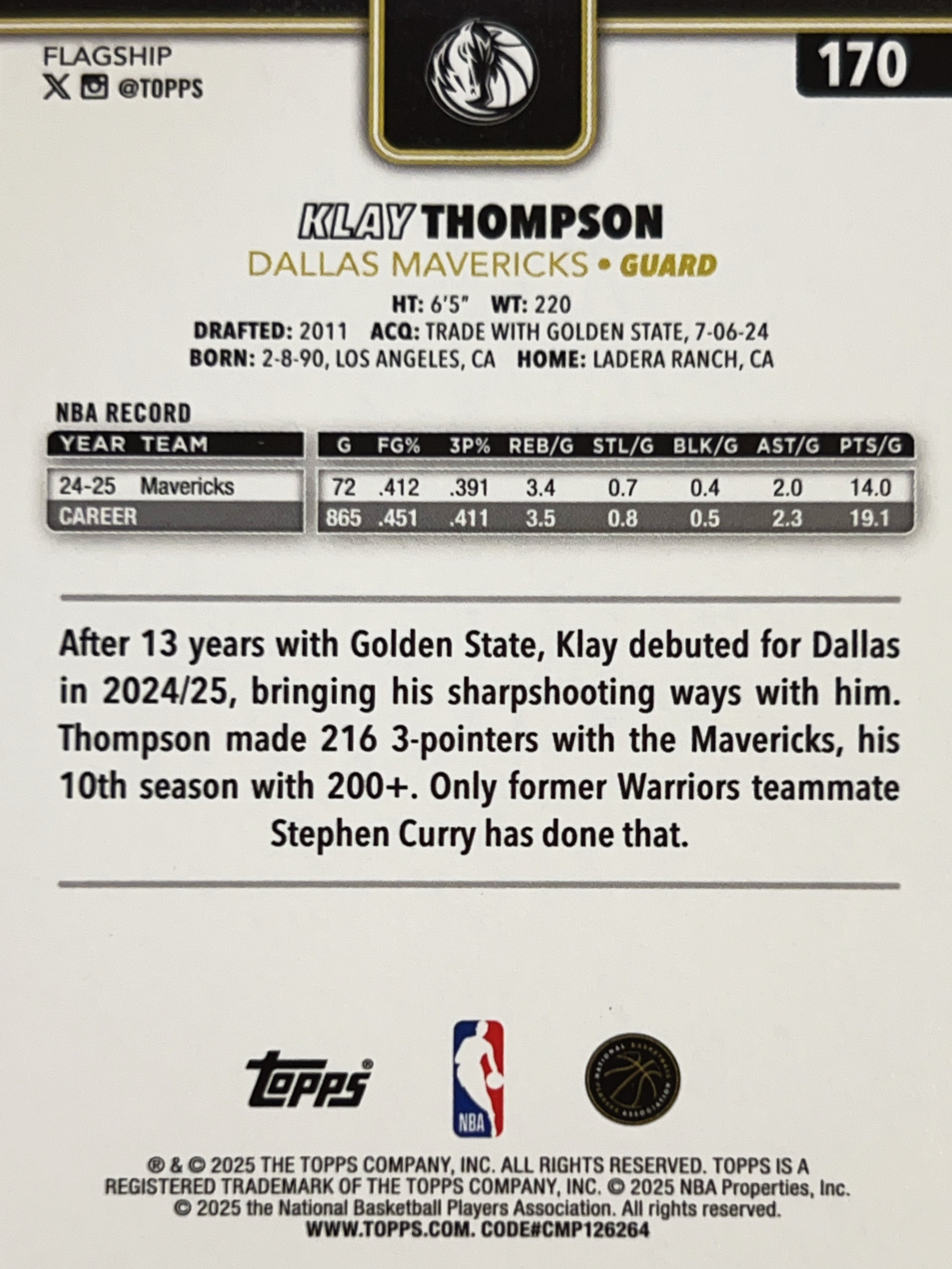 2025 Topps Flagship Klay Thompson #170 Blackout