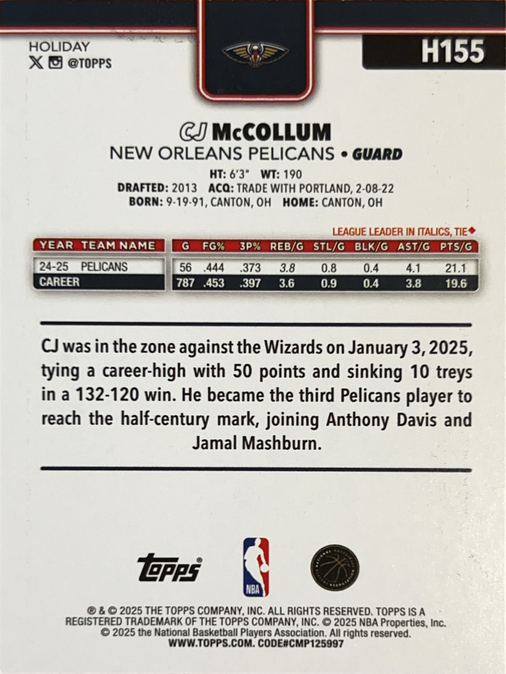 2025 Topps Holiday CJ McCollum #H155 Blue Parallel
