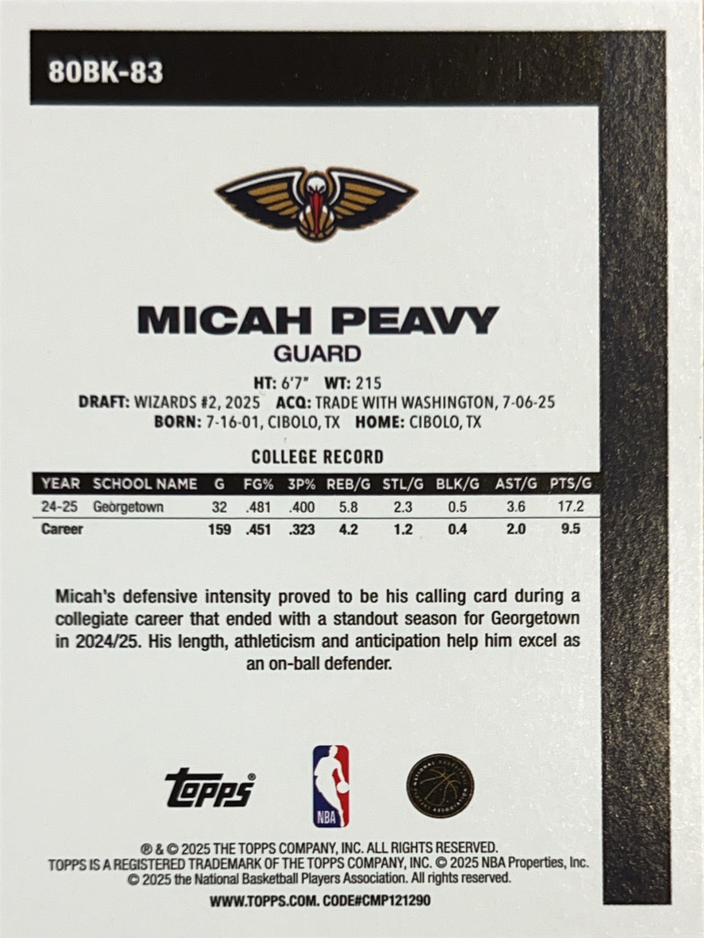 2025 Topps 1980 Topps Basketball 45th Anniversary Micah Peavy #80BK-83 RC