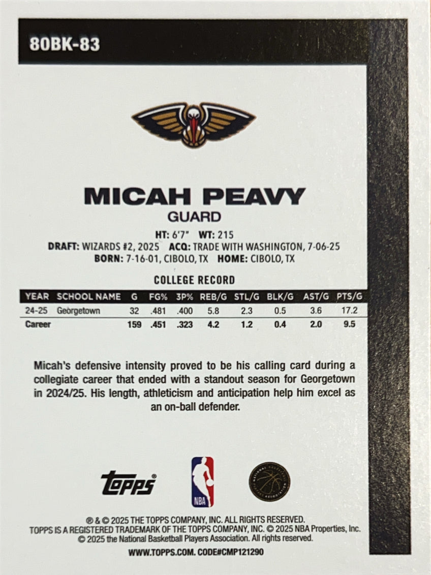 2025 Topps 1980 Topps Basketball 45th Anniversary Micah Peavy #80BK-83 RC