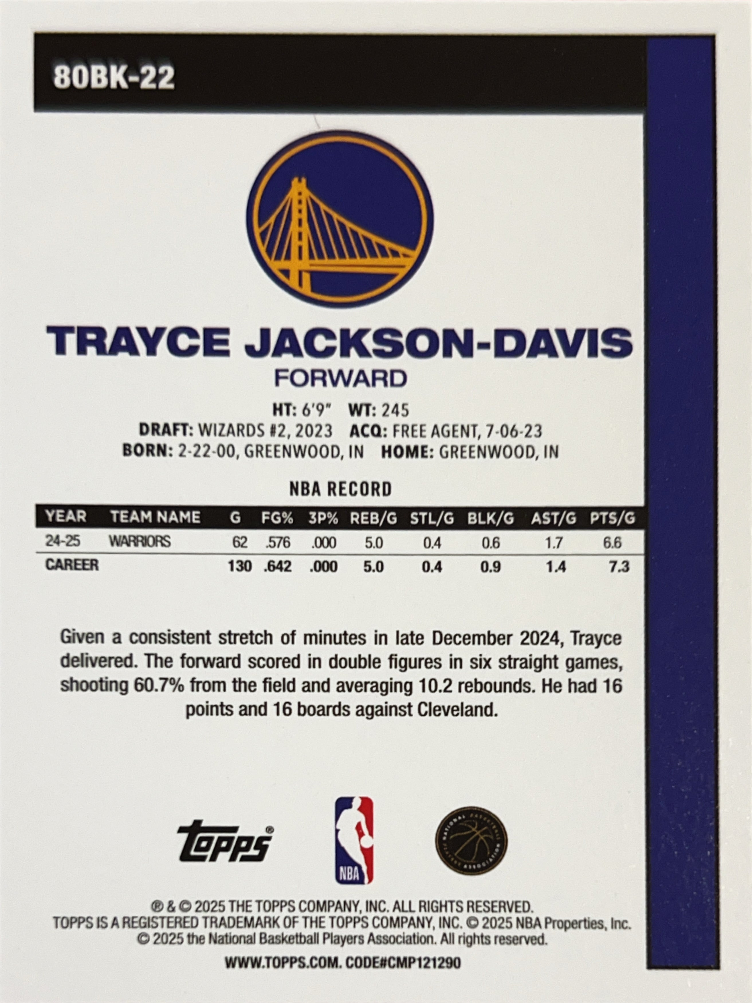 2025 Topps Chrome Basketball Trayce Jackson-Davis #80BK-22