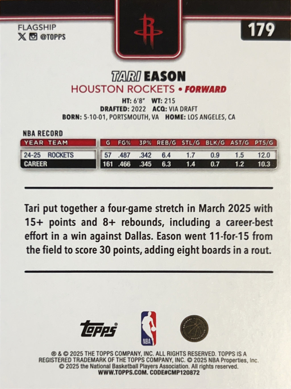 2025 Topps Flagship Tari Eason #179 Tip Off