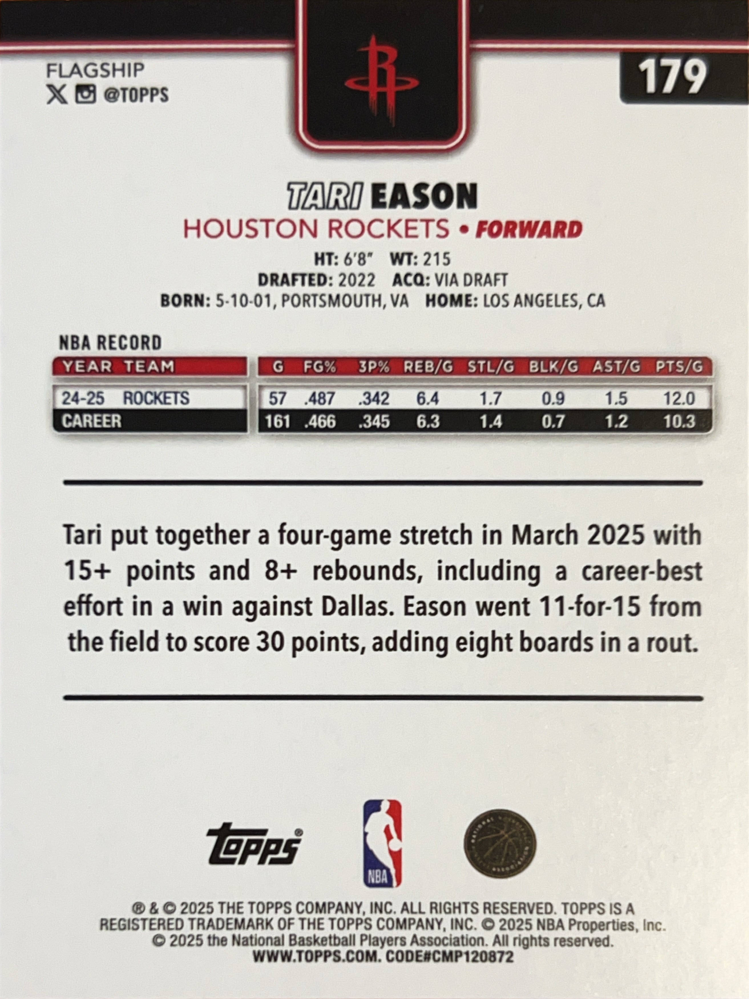 2025 Topps Flagship Tari Eason #179 Tip Off