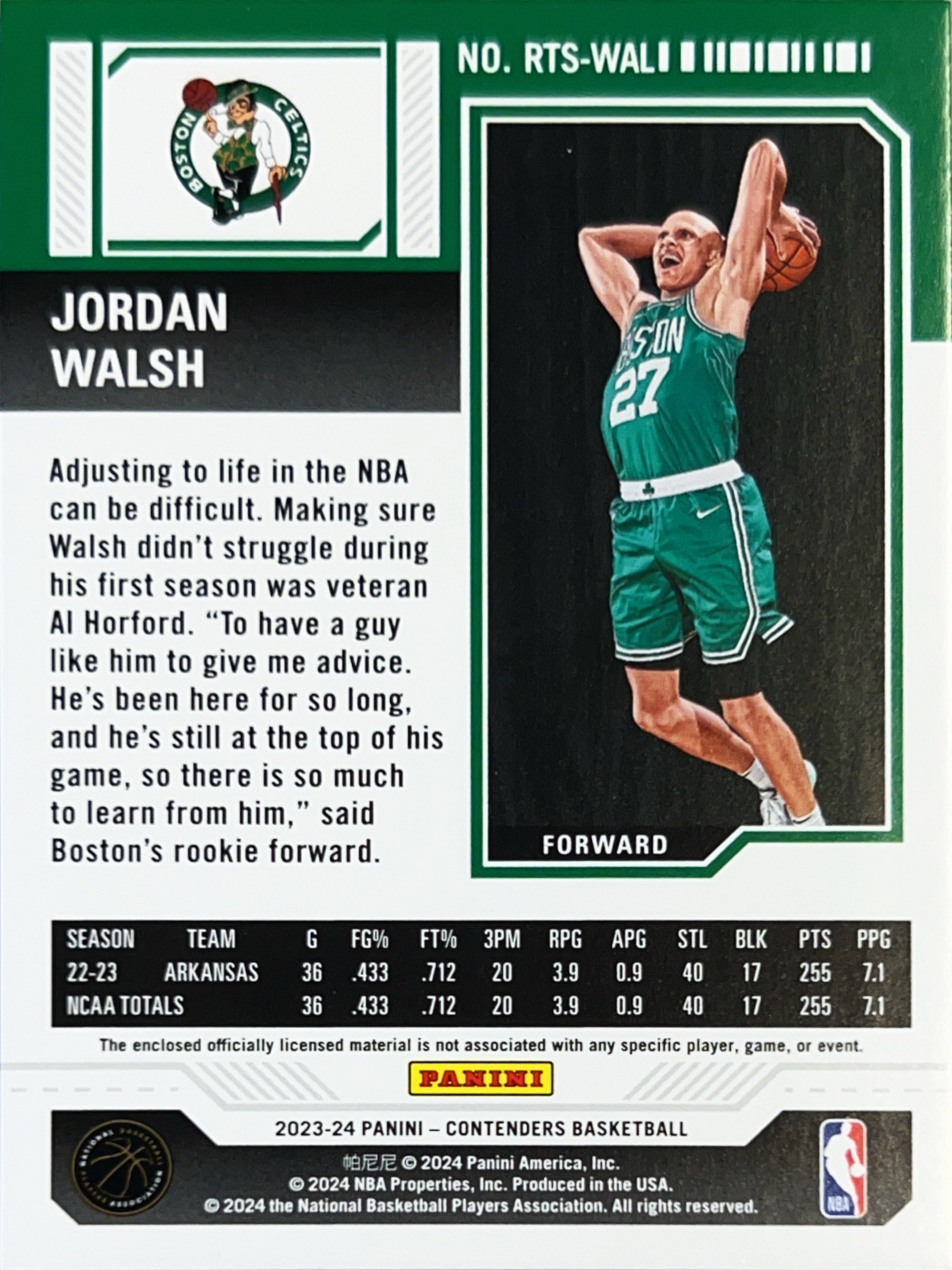 2024 Panini Contenders Basketball Jordan Walsh #RTS-WAL RC Memorabilia