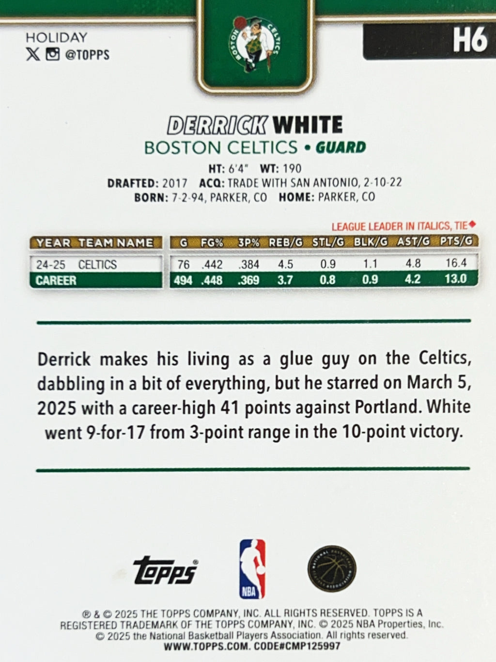 2025 Topps Holiday Derrick White #H6 Purple /99