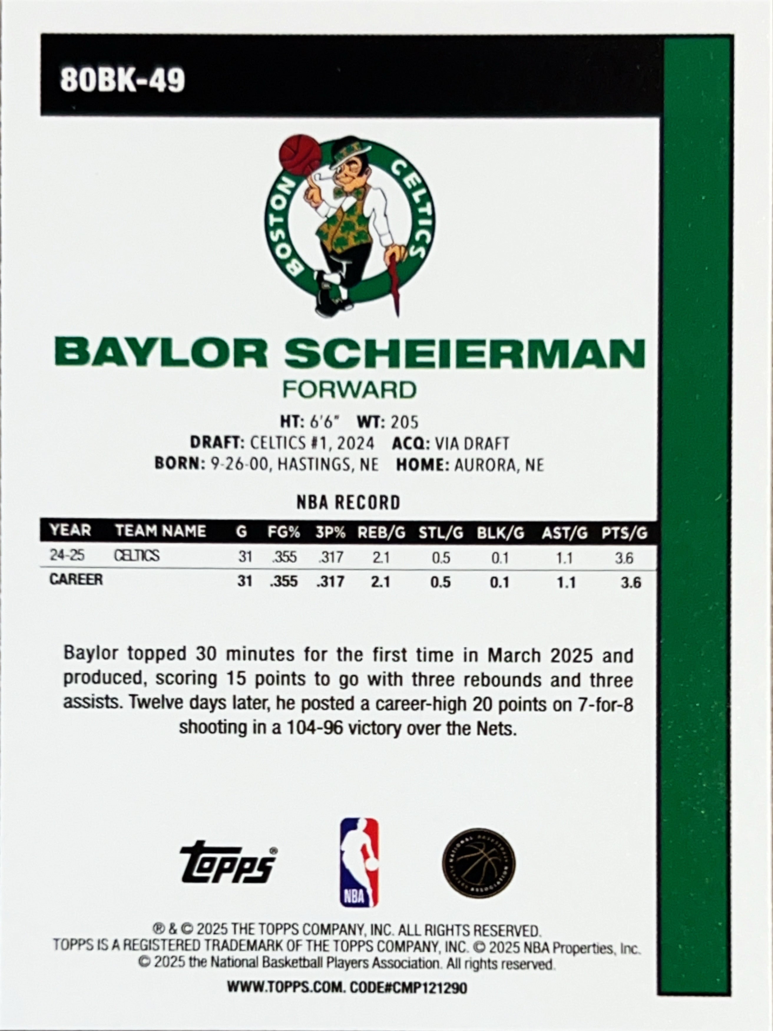 2025 Topps Chrome Basketball Baylor Scheierman #80BK-49 Silver Refractor