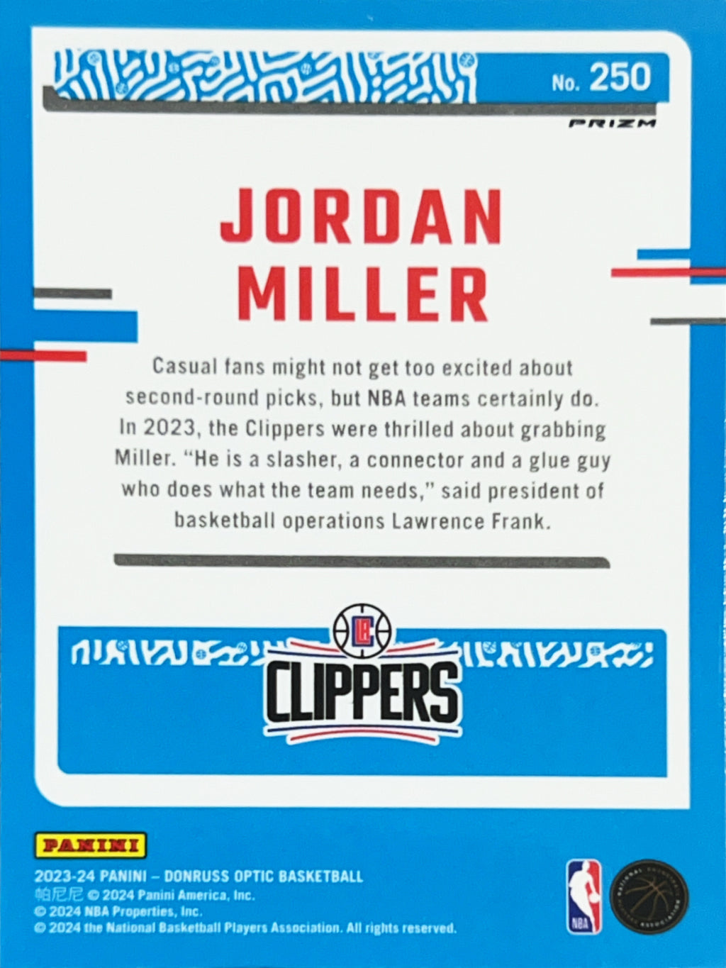 2024 Panini Donruss Optic Prizm Jordan Miller #250 Purple Shock