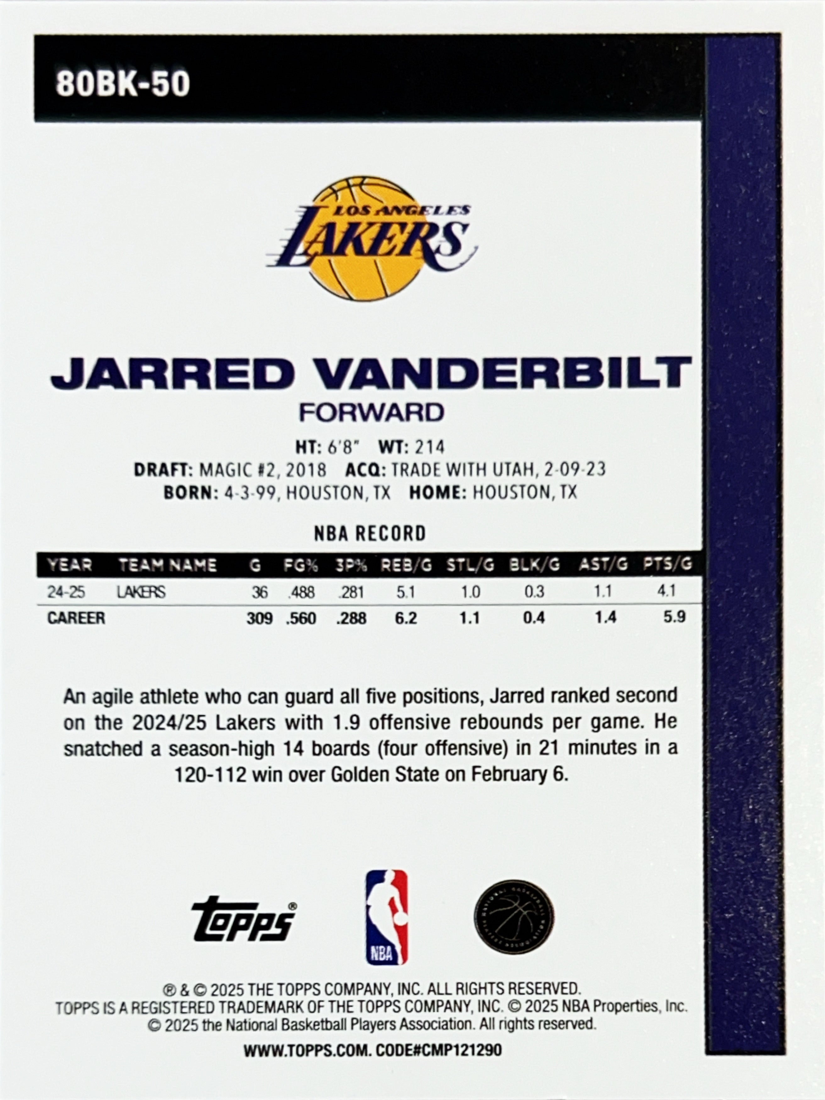 2025 Topps Chrome Basketball Jarred Vanderbilt #80BK-50 Silver Refractor