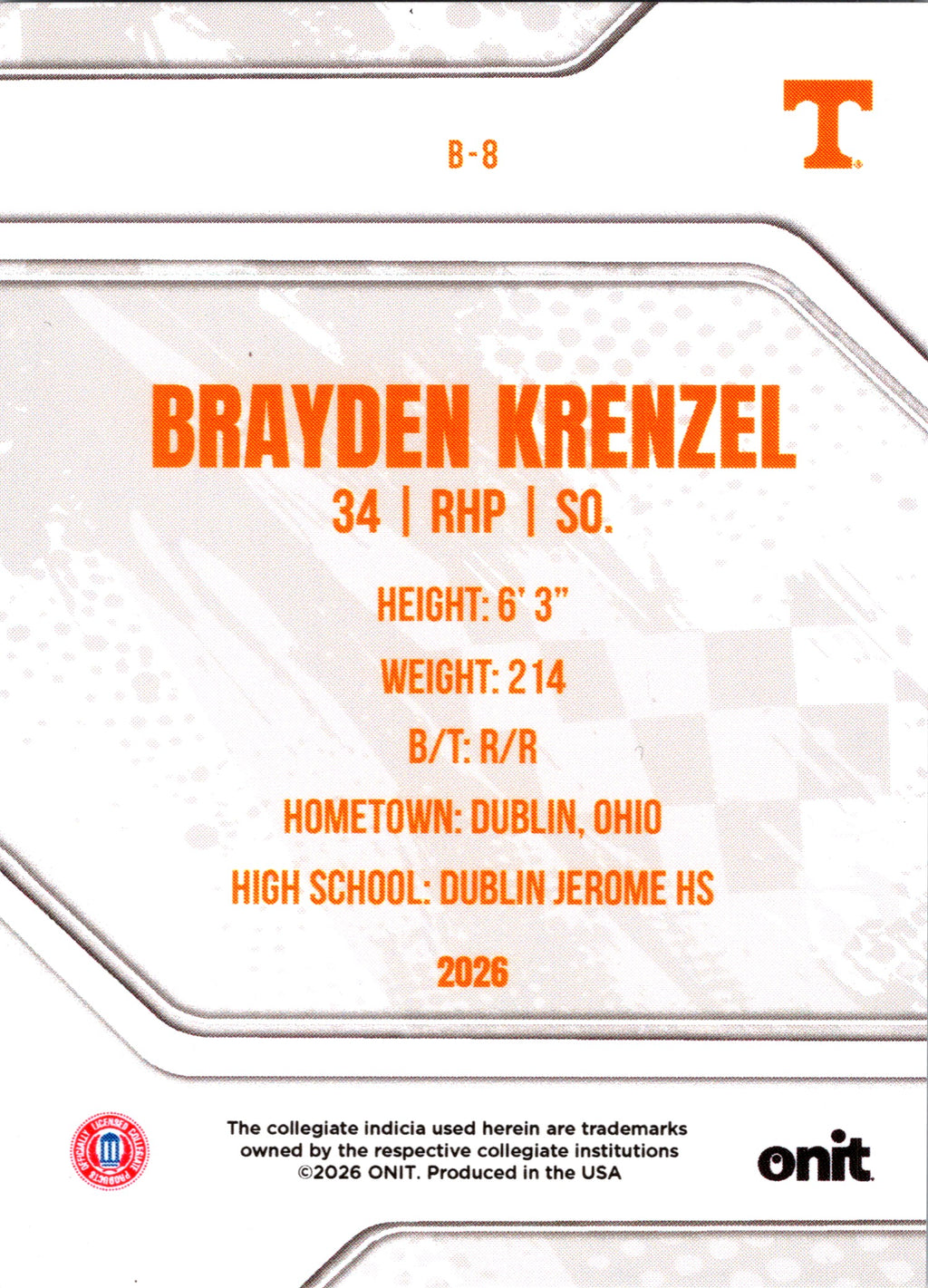 2026 ONIT Tennessee Baseball Brayden Krenzel #B-8 Orange