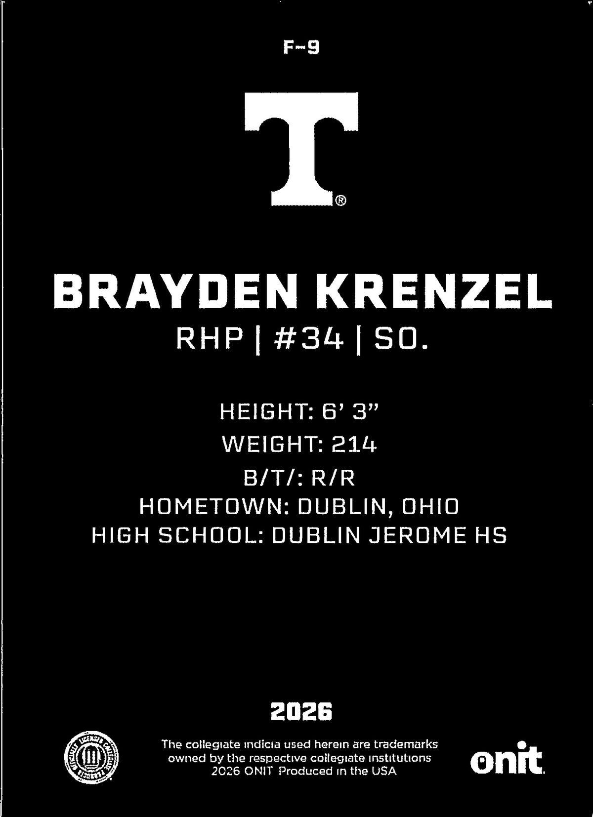 2026 ONIT Tennessee Baseball Brayden Krenzel #F-9