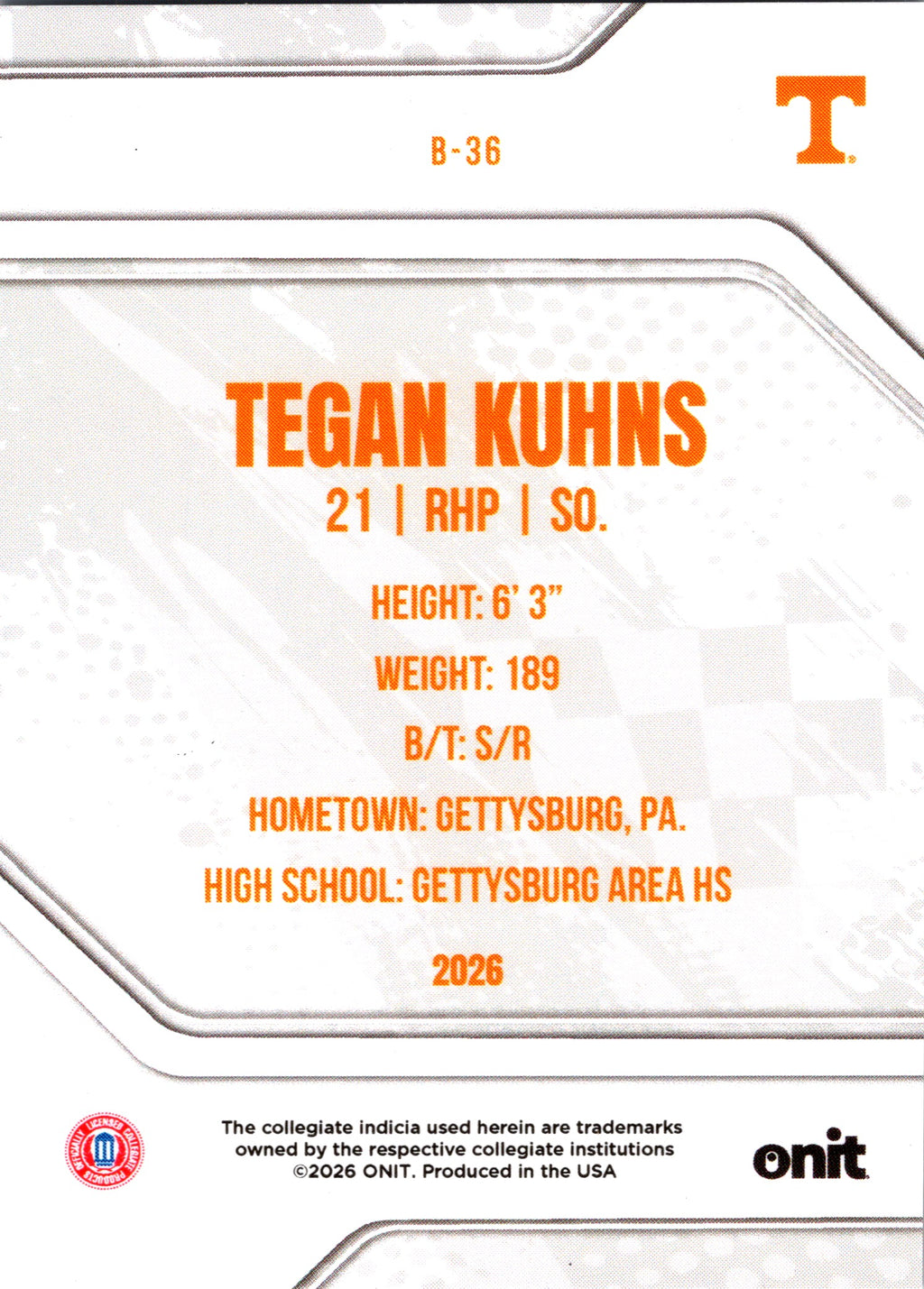 2026 ONIT Tennessee Baseball Tegan Kuhns #B-36 Orange