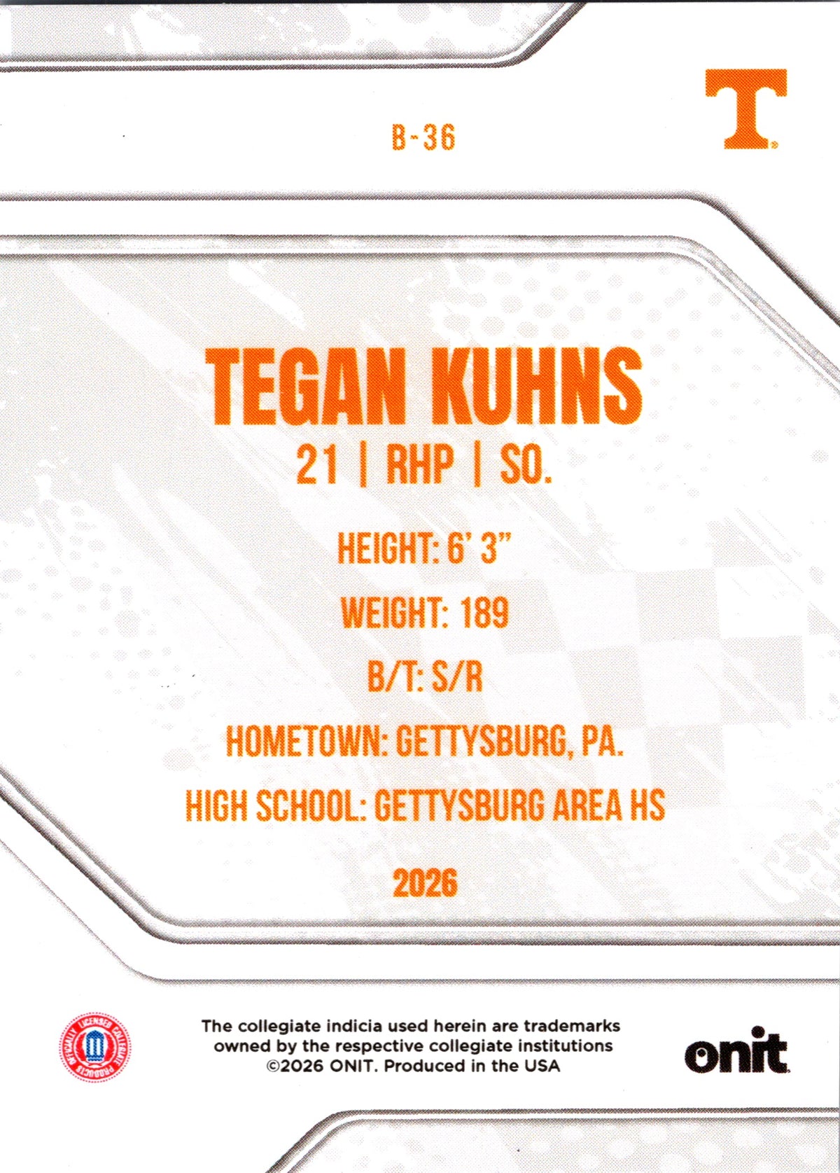 2026 ONIT Tennessee Baseball Tegan Kuhns #B-36 Orange
