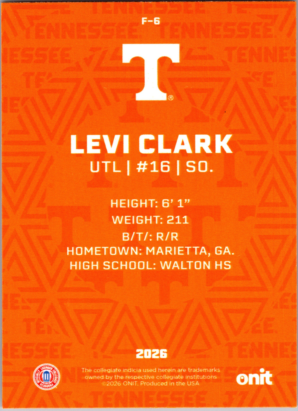 2026 ONIT Tennessee Baseball Levi Clark #F-6