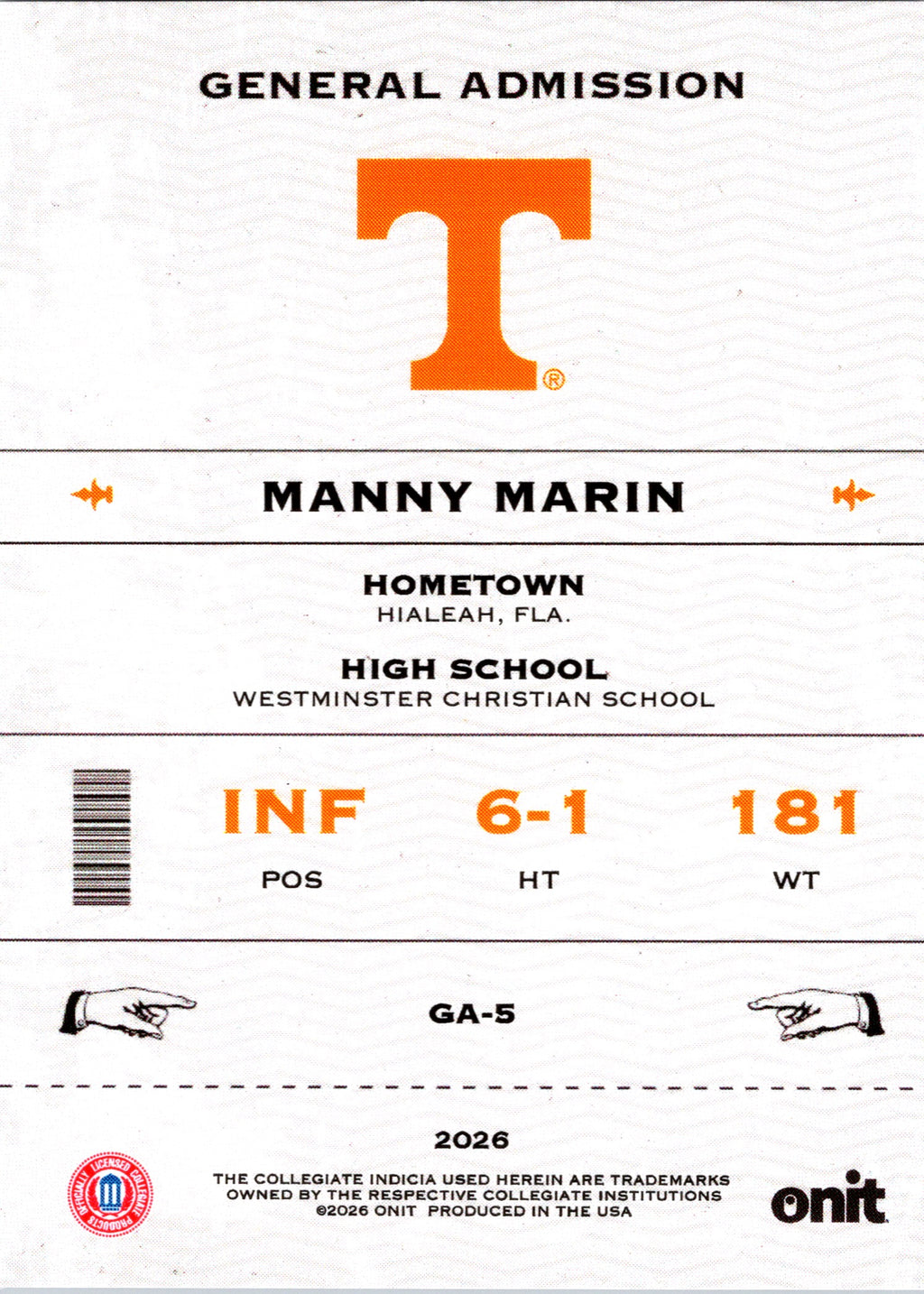 2026 Onit Tennessee Baseball Manny Marin #GA-5