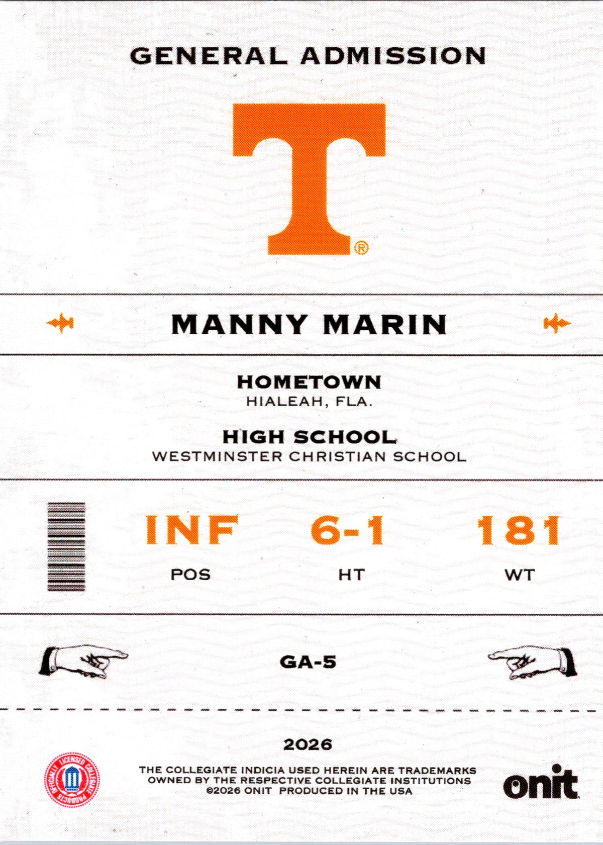 2026 Onit Tennessee Baseball Manny Marin #GA-5