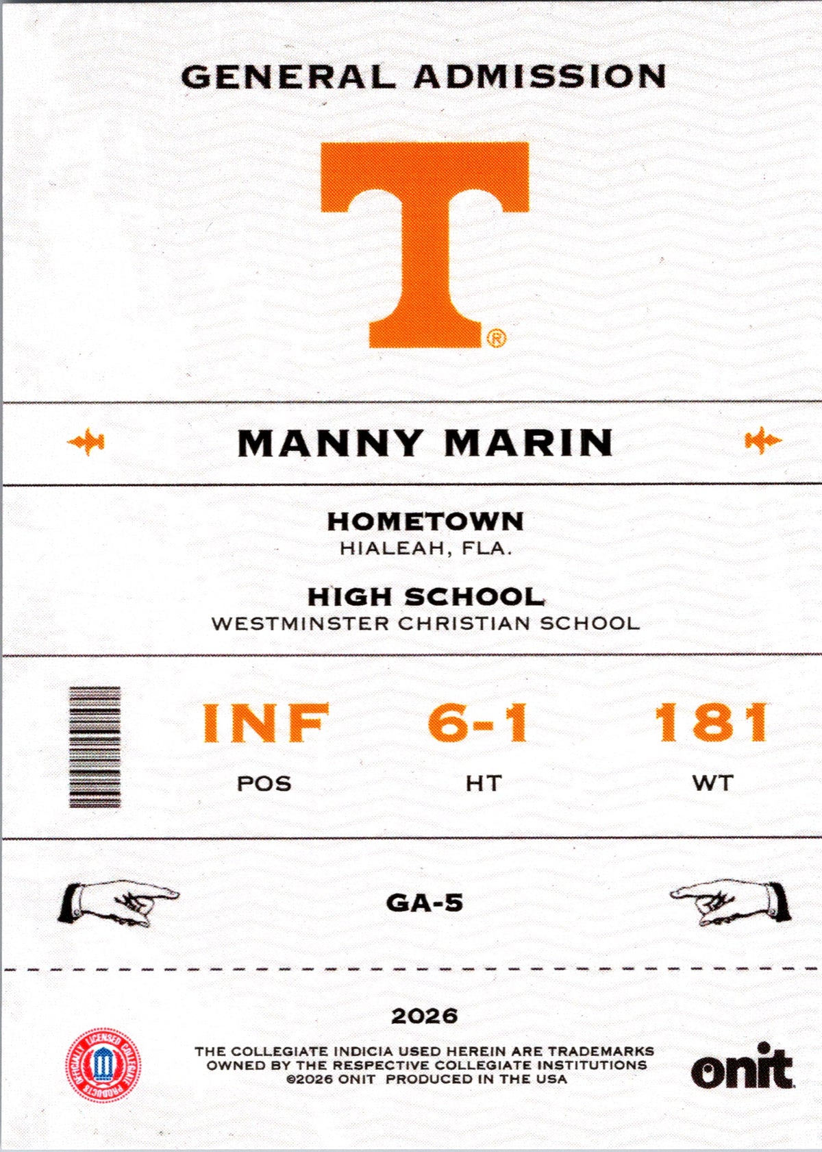 2026 Onit Tennessee Baseball Manny Marin #GA-5 General Admission