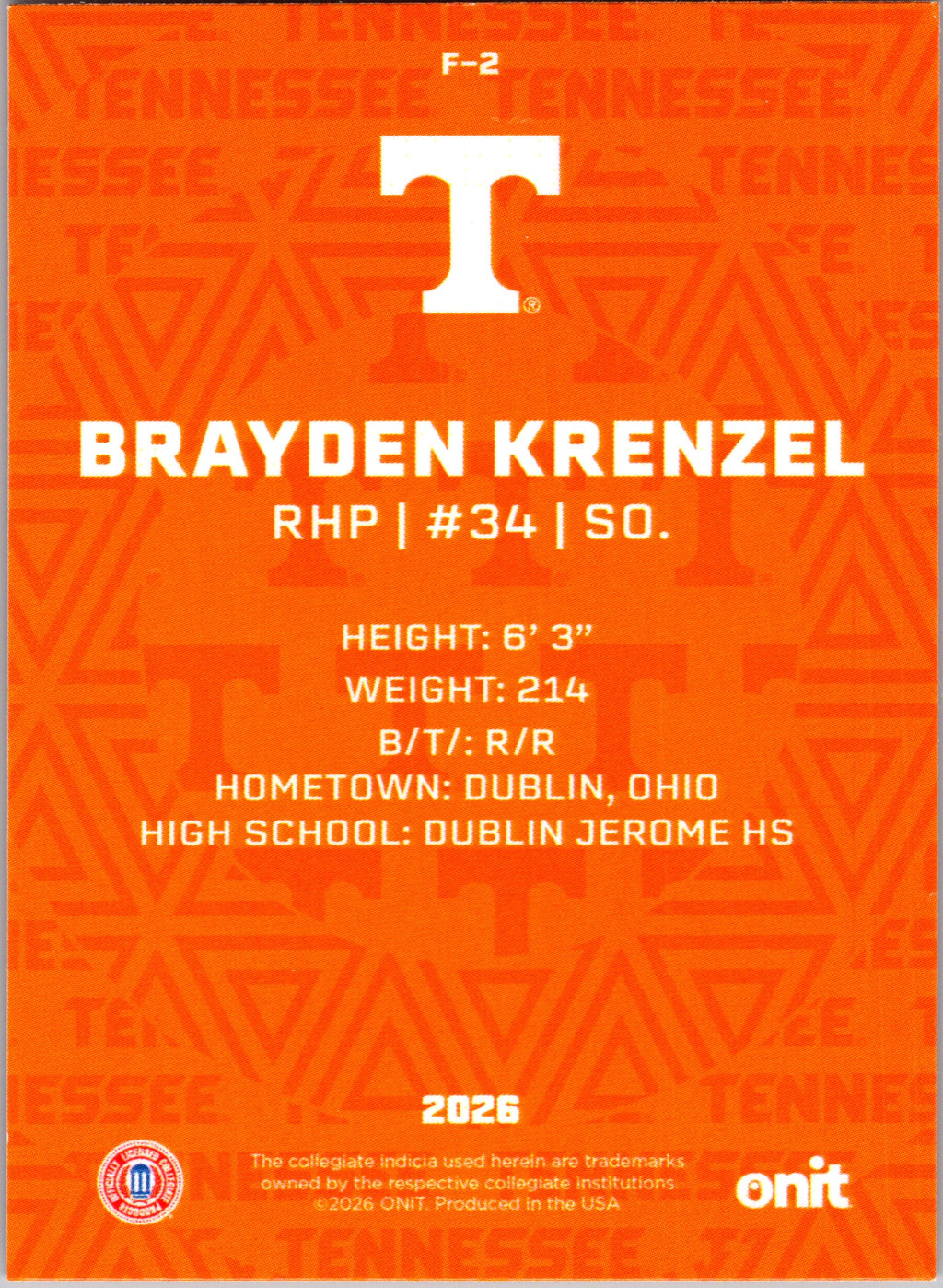 2026 ONIT Tennessee Baseball Brayden Krenzel #F-2