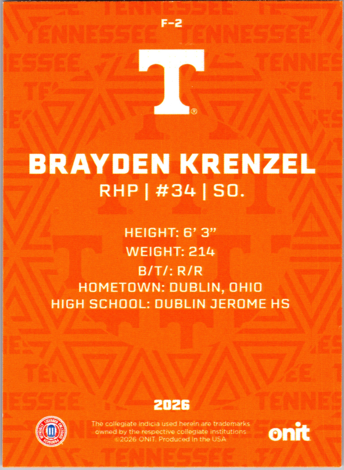 2026 ONIT Tennessee Baseball Brayden Krenzel #F-2